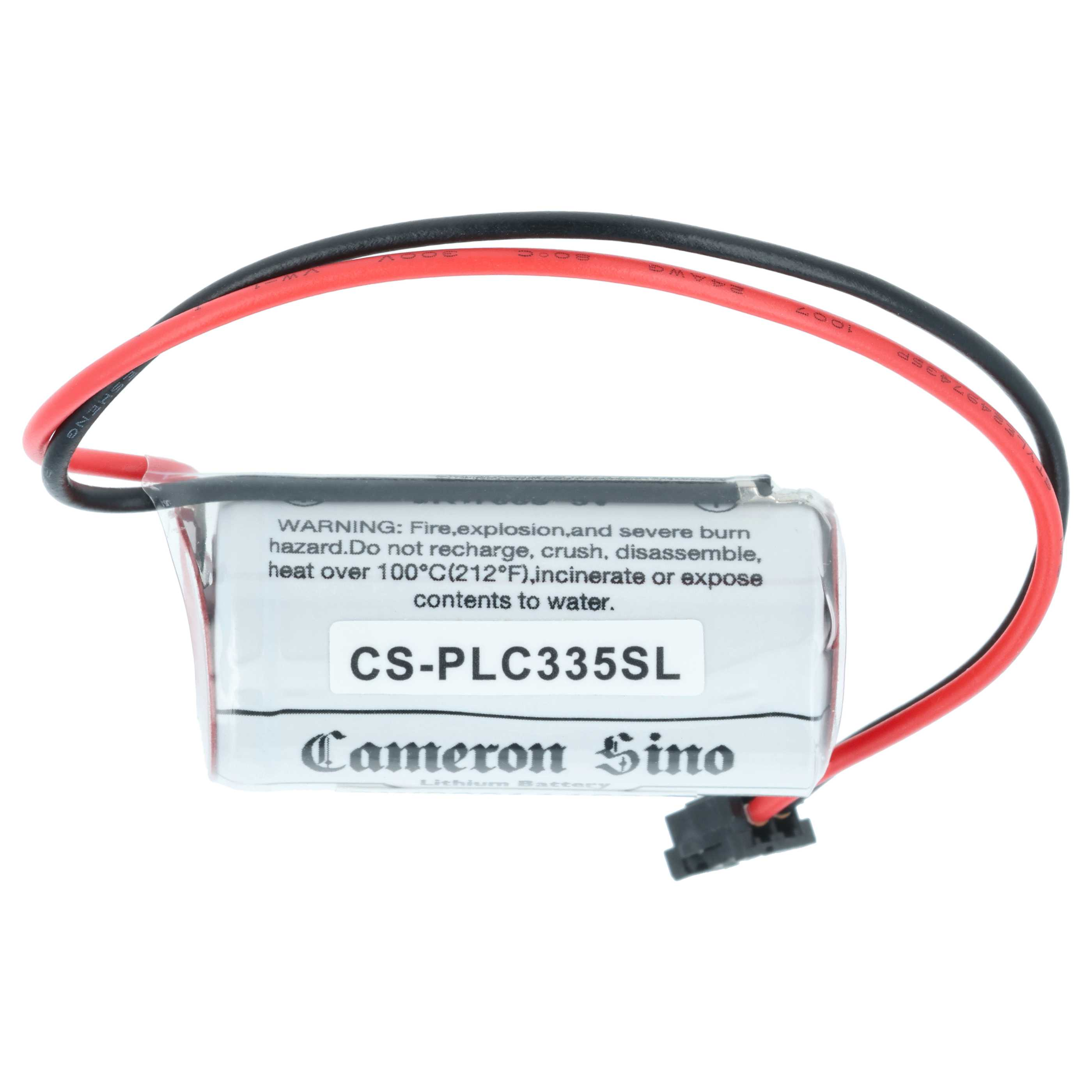 Ein rechteckiger Akku mit roten und schwarzen Drähten. Es hat ein Warnetikett und den Text 'CS-PLC335SL' und 'Cameron Sino'.