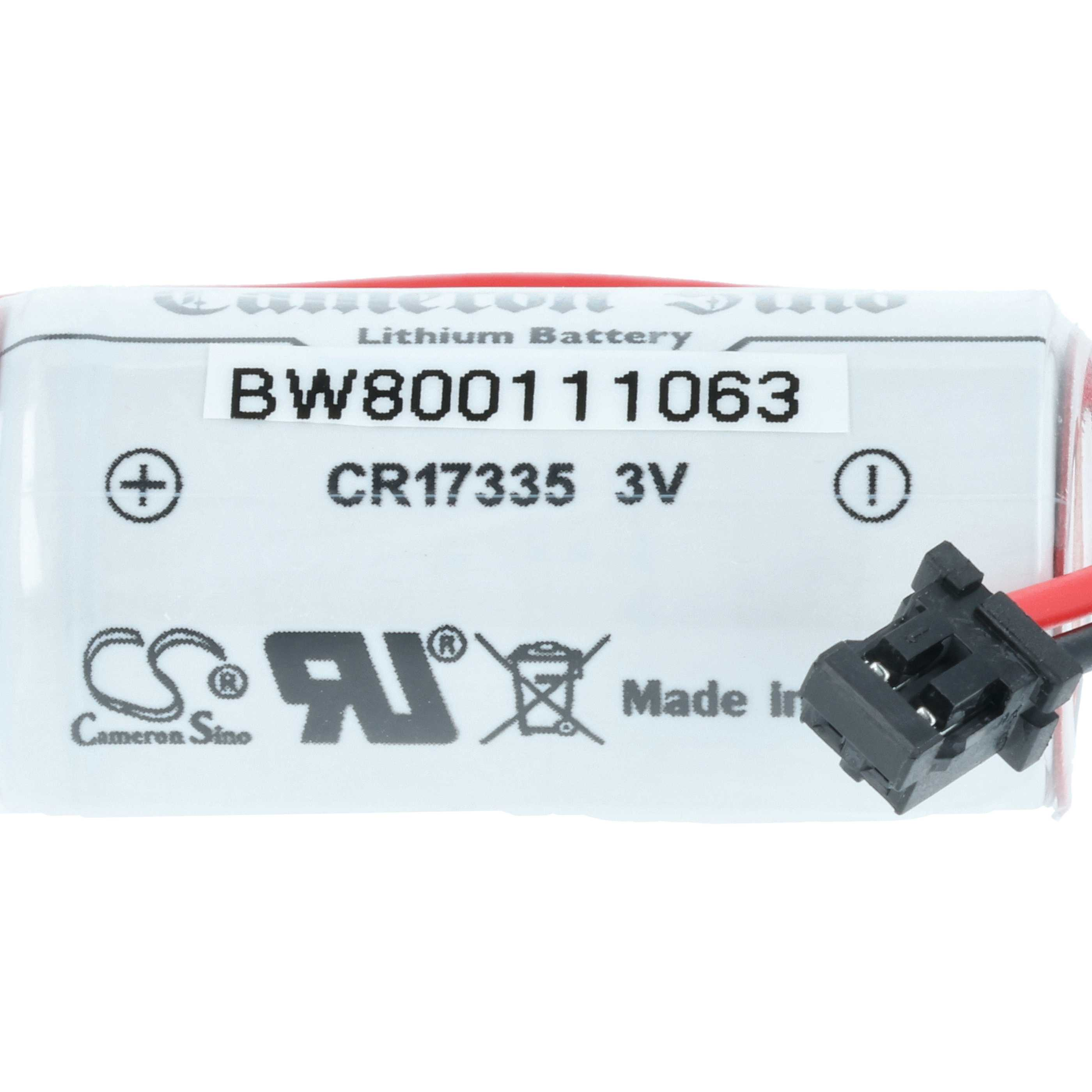 Eine weiße Batterie mit schwarzen Markierungen. Der Text umfasst: Lithium-Batterie, BW800111063, CR17335 3V, und ein schwarzer Stecker.