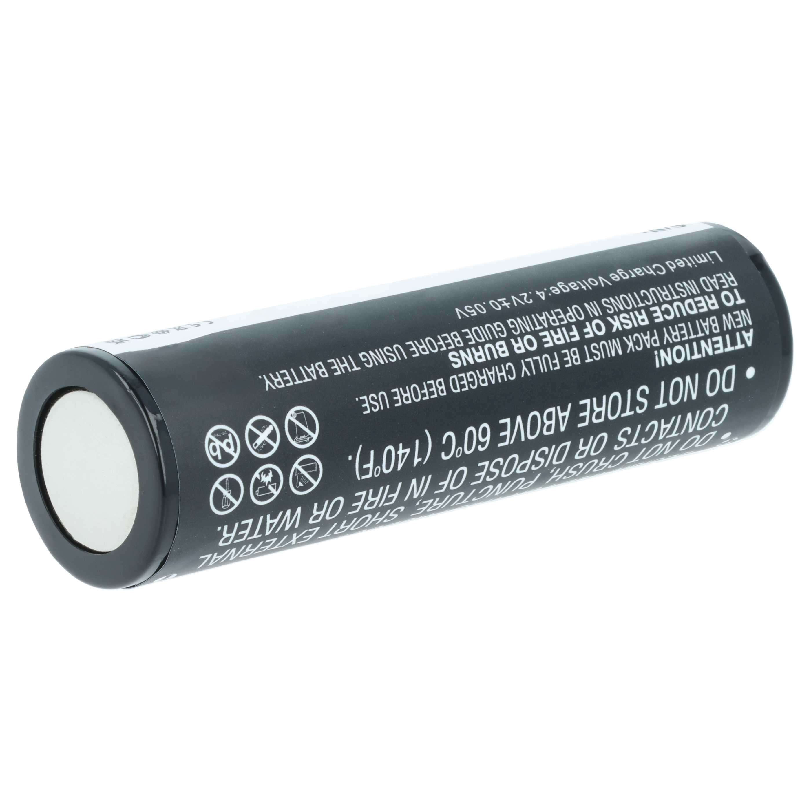 Eine schwarze zylindrische Batterie mit weißen Endkappen und Sicherheitshinweisen auf der Seite.