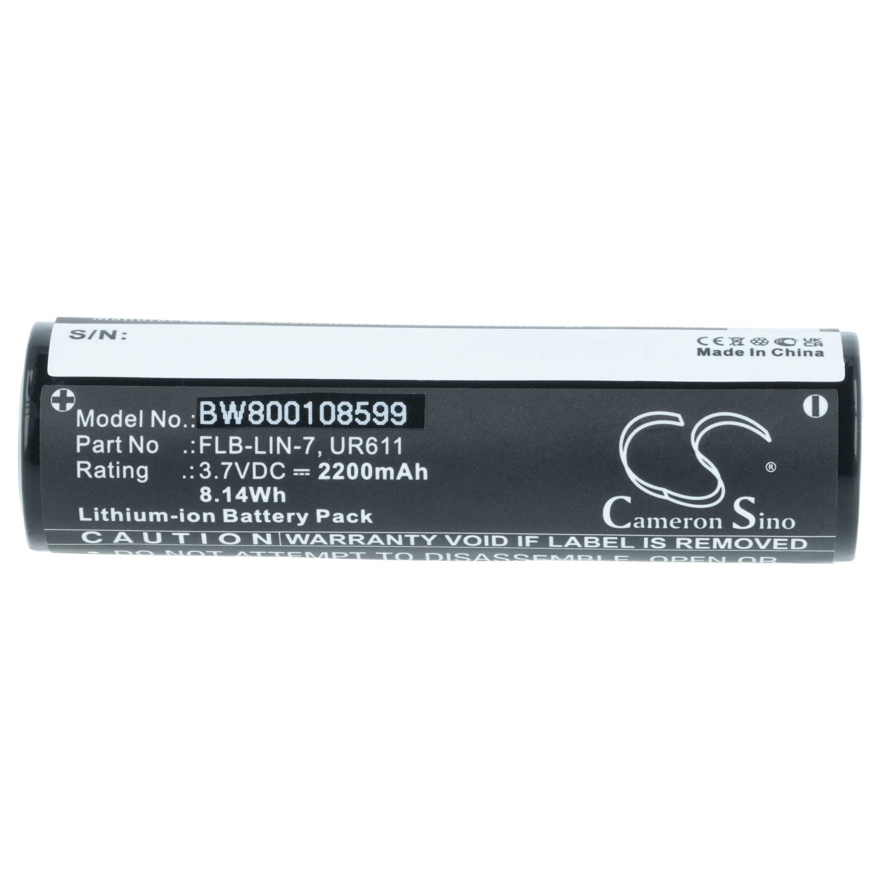 Eine zylindrische schwarze Batterie mit weißen Etiketten. Sie enthält Text wie Modellnummer, Spannung und Logo des Herstellers.