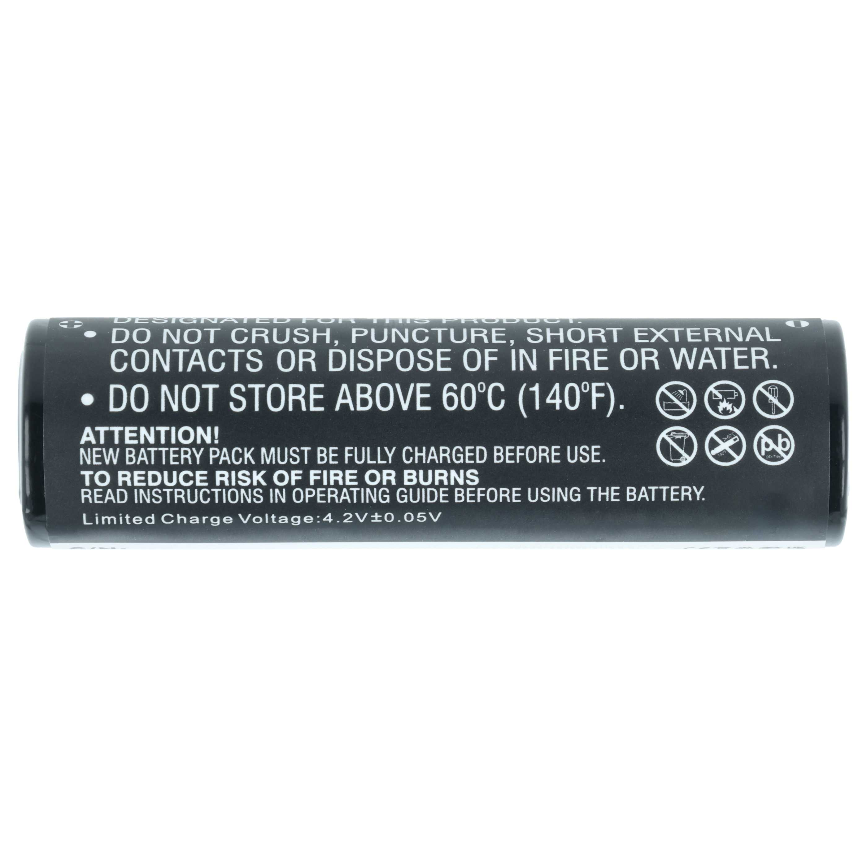 Eine schwarze zylindrische Batterie mit weißem Text und Symbolen auf weißem Hintergrund.