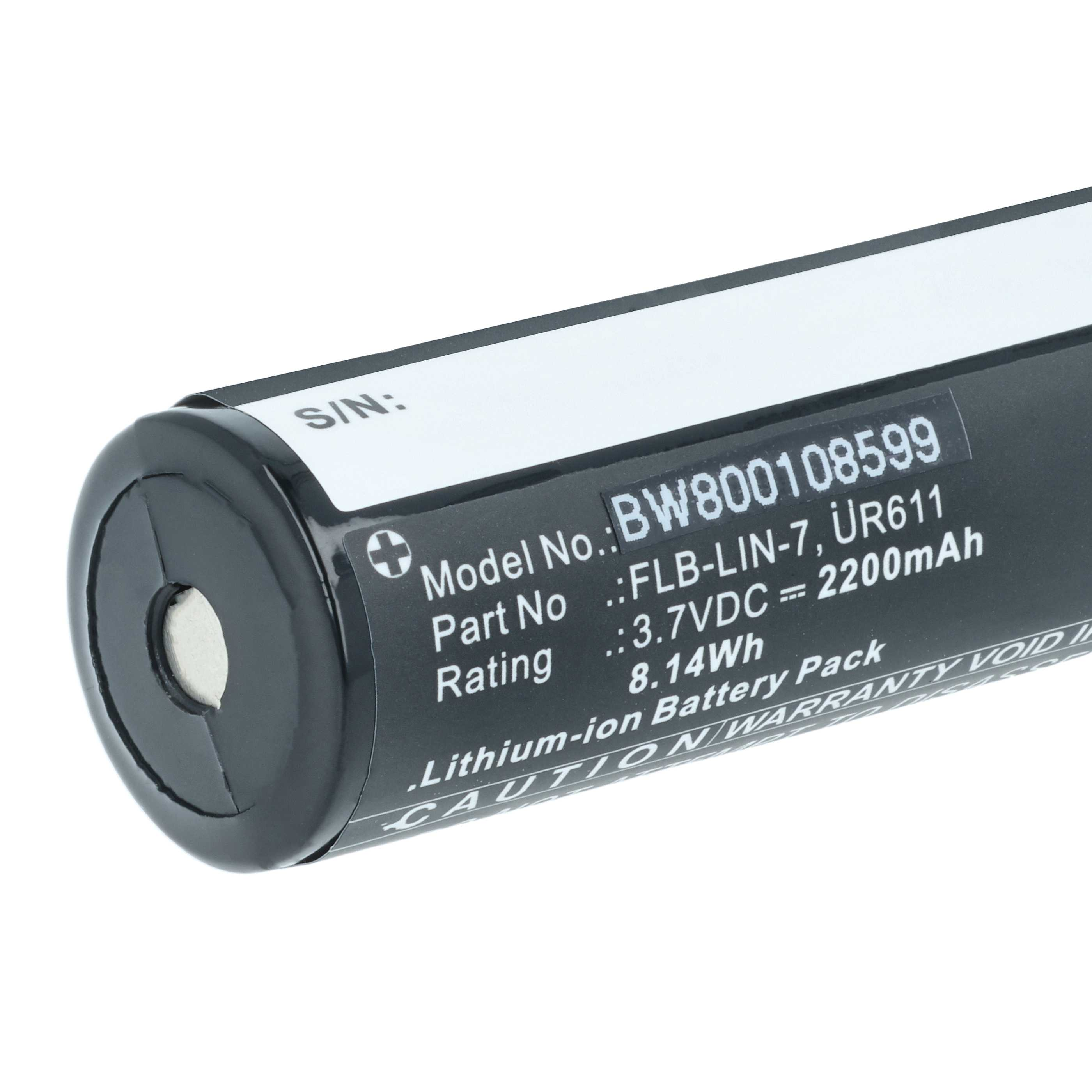 Nahaufnahme einer schwarzen zylindrischen Batterie mit weißem Text, einschließlich Modell- und Bewertungsinformationen.