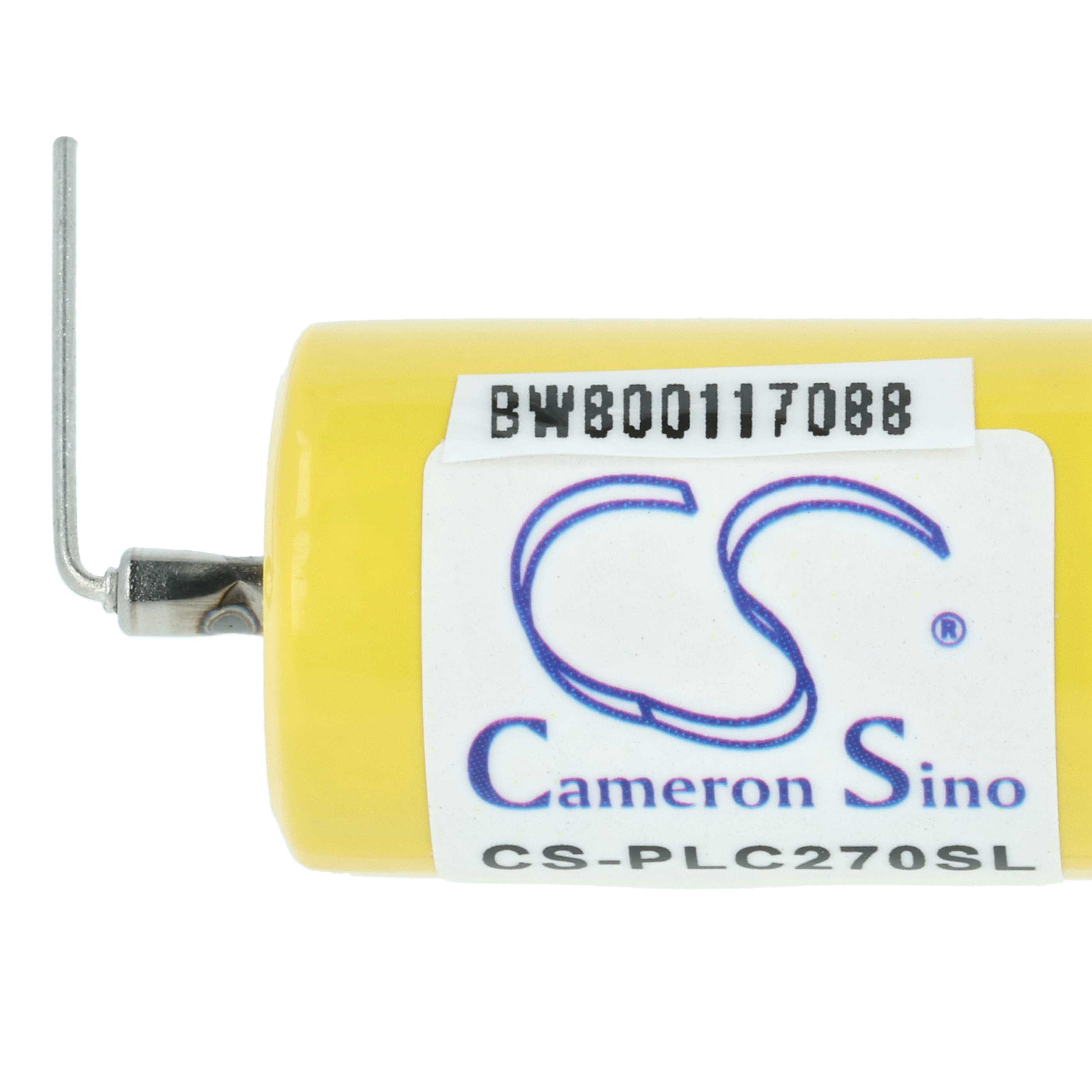 Eine gelbe Batterie mit Metallanschluss und einem weißen Etikett mit Text und blauem Logo.
