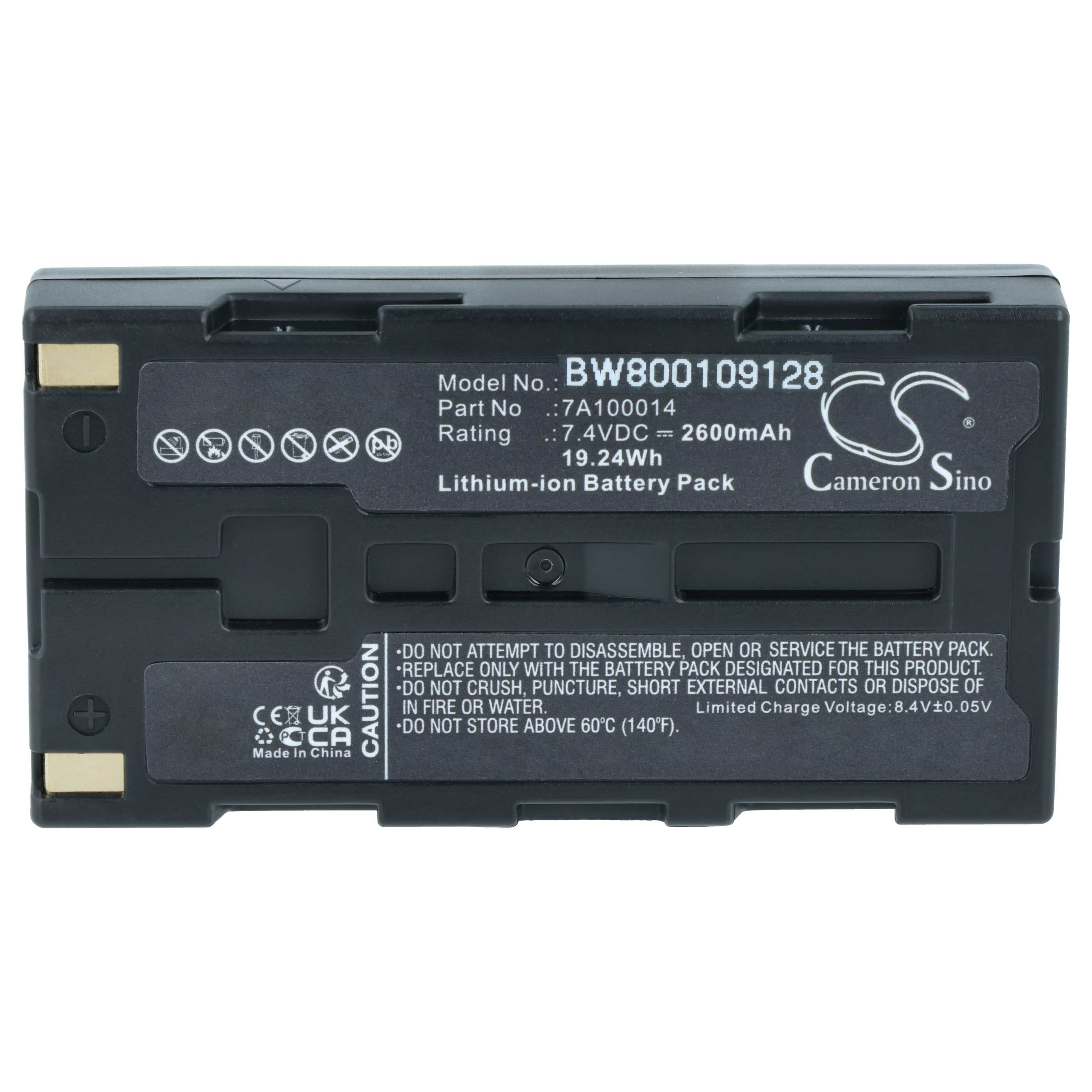Ein schwarzer Lithium-Ionen-Akku mit Etiketten, Modell- und Sicherheitsinformationen sowie einem Cameron Sino Logo.