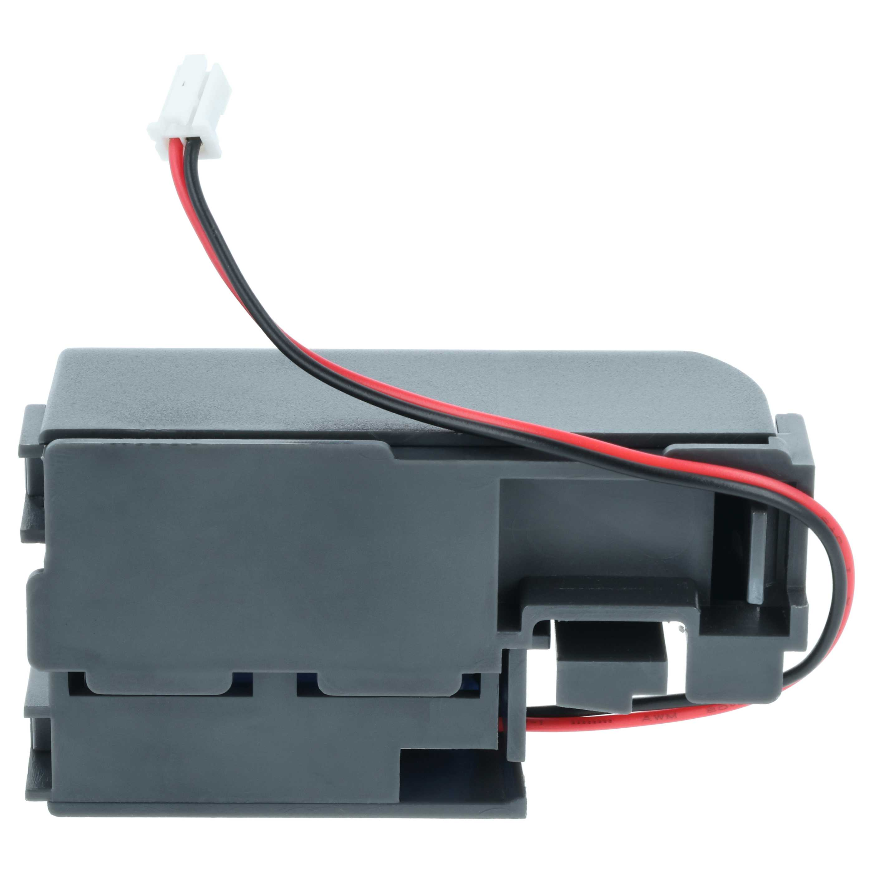 Graues rechteckiges elektronisches Bauteil mit schwarzen und roten Drähten, die mit einem weißen Stecker verbunden sind.