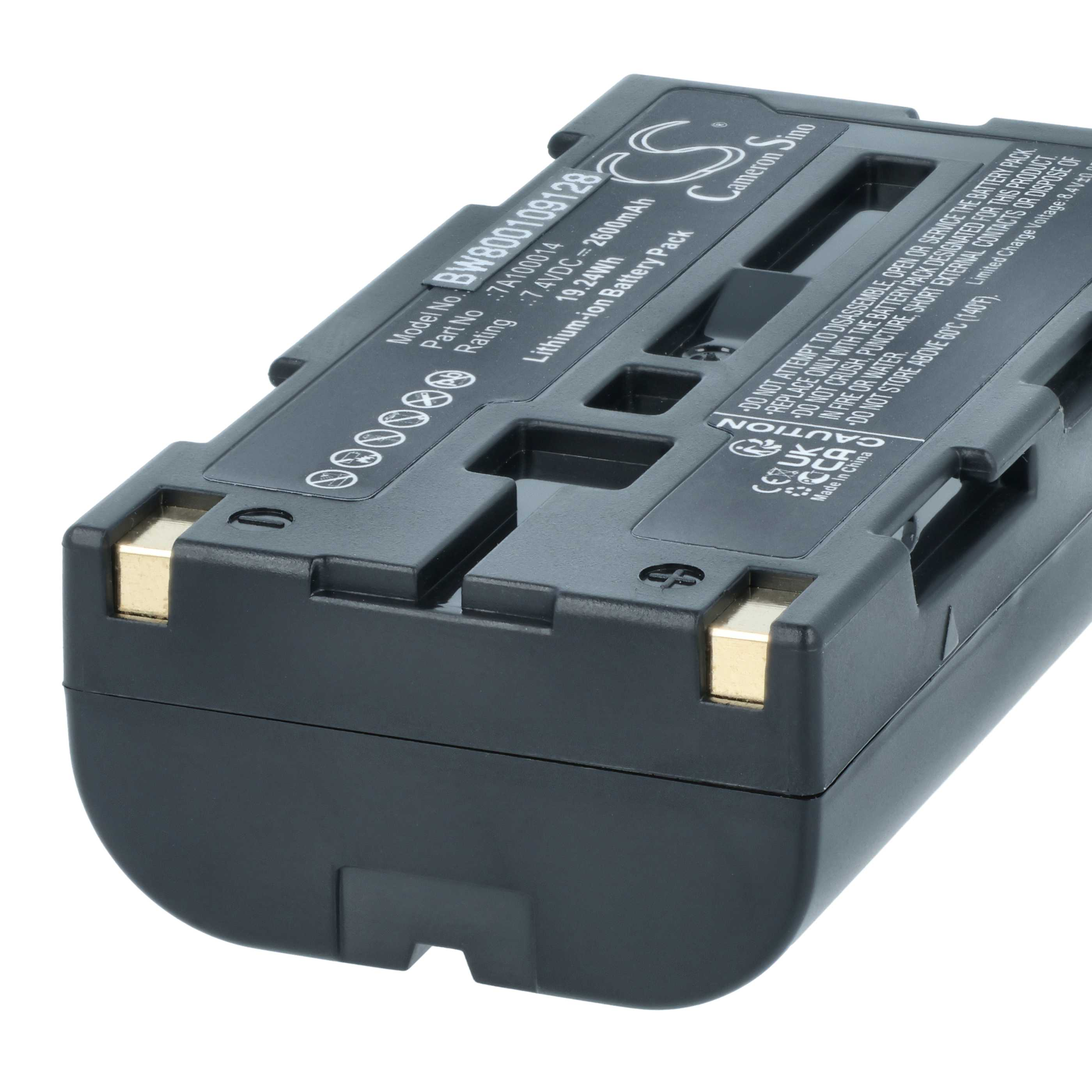 Ein schwarzer Lithium-Ionen-Akku mit Etiketten. Enthält Warnungen und Spezifikationen. Es hat goldene Anschlüsse.