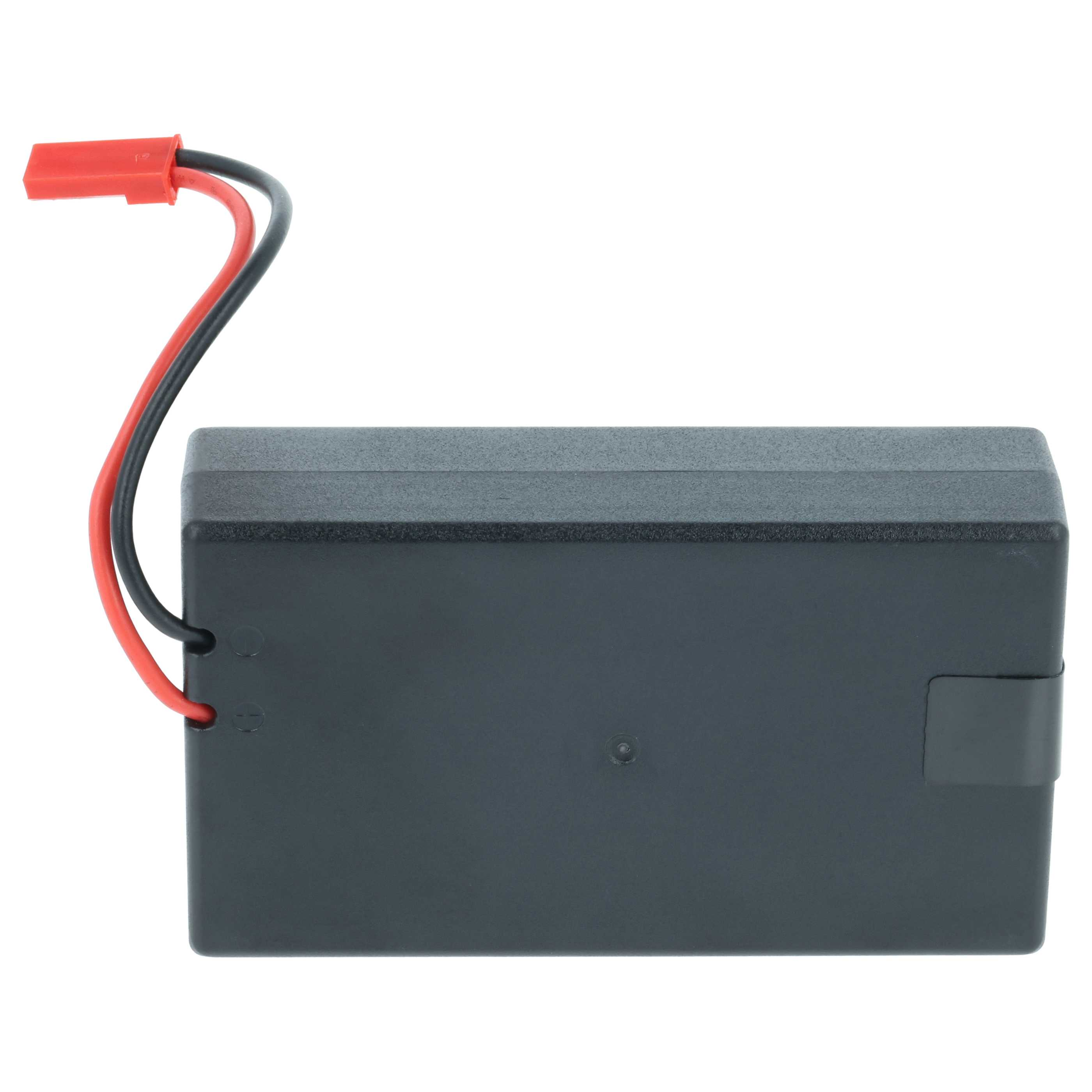 Ein rechteckiger schwarzer Akku mit roten und schwarzen Drähten, die an einem roten Stecker befestigt sind.