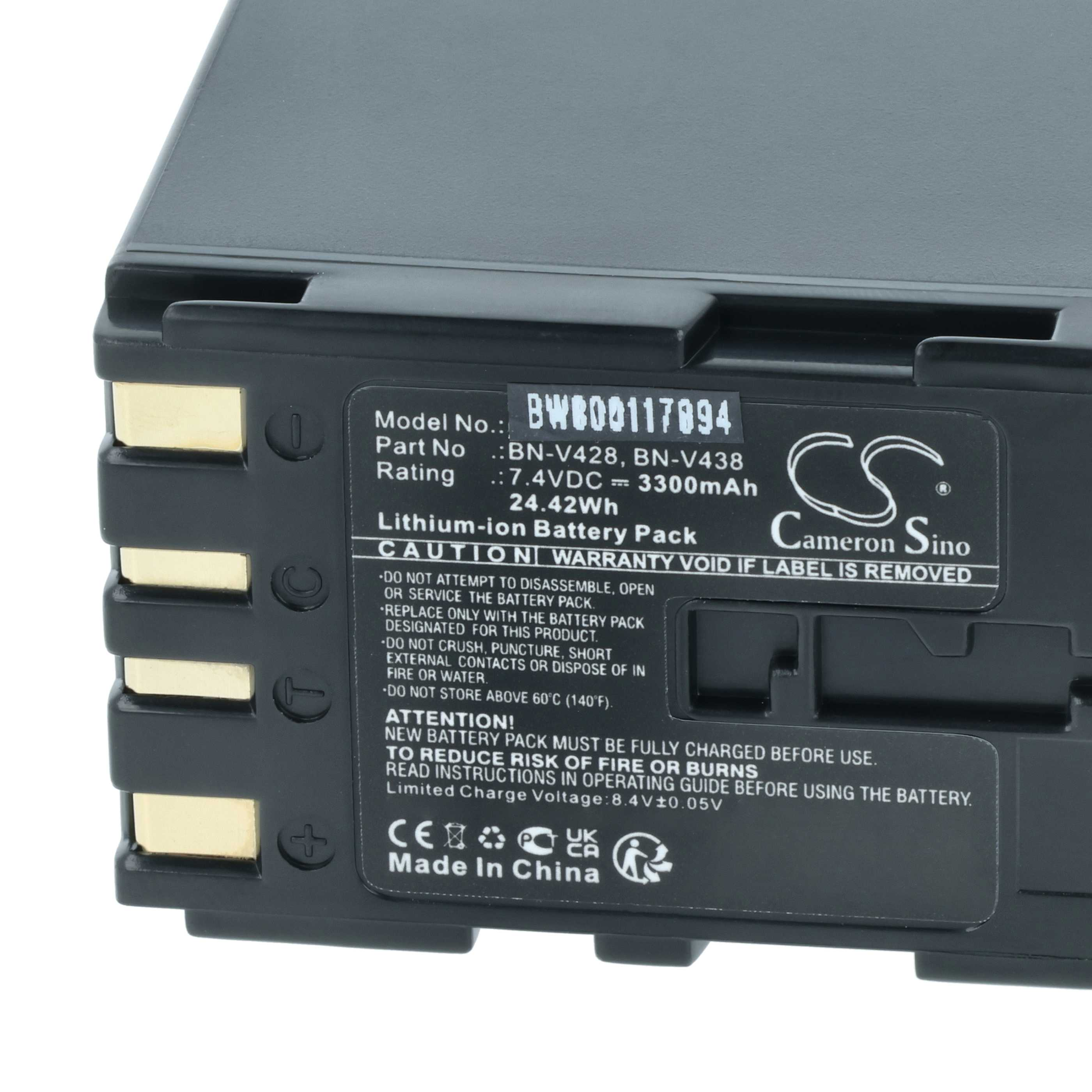 Schwarzer Akku mit Etikett. Das Etikett hat Text und ein Logo. Es steht Made in China.