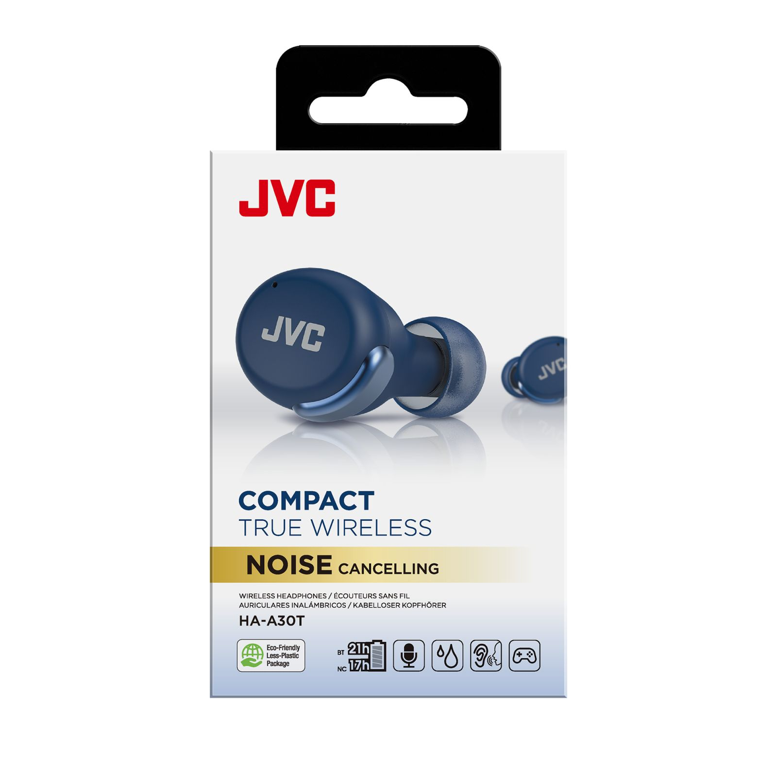 Een doos met blauwe JVC oortelefoons. Op de doos staat 'Compact True Wireless Noise Cancelling'.