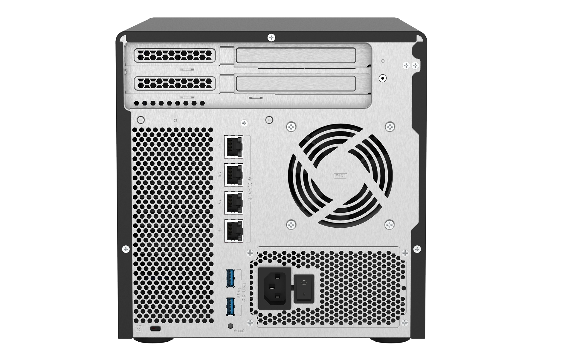 Vista posteriore di un server per computer. Ha porte per cavi di rete, USB e alimentazione. C'è anche una ventola per il raffreddamento.