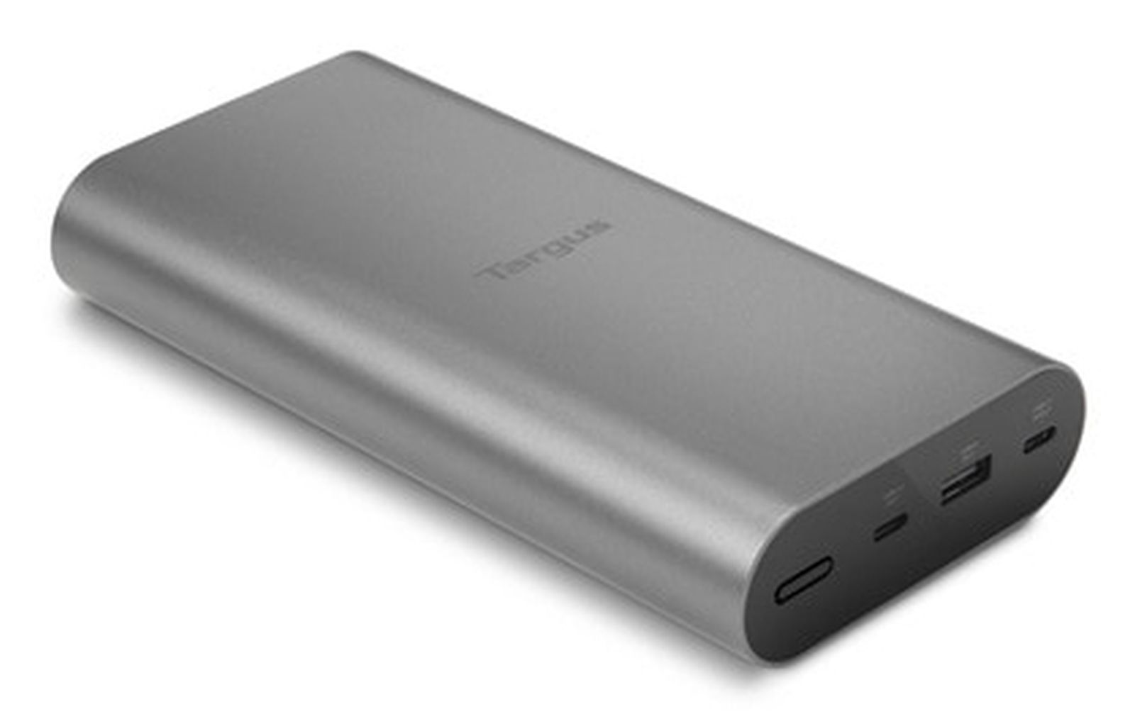 Eine graue Targus Powerbank wird auf weißem Hintergrund gezeigt. Sie hat eine abgerundete Form, mehrere Anschlüsse und das Targus-Logo.