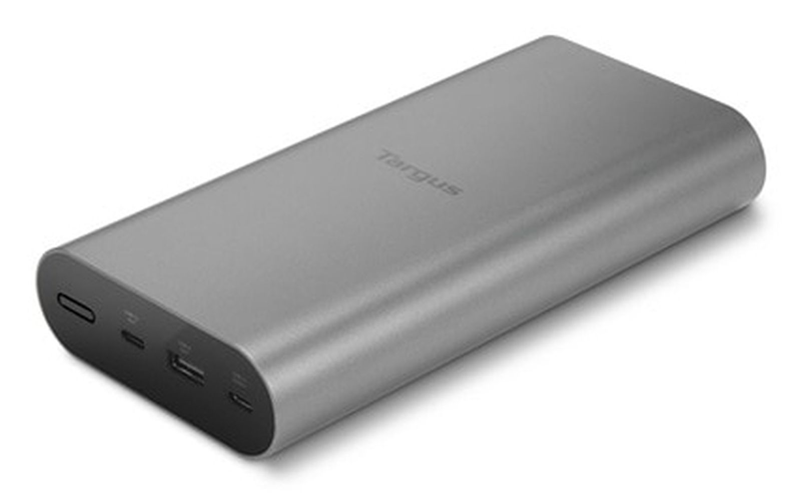 Silberne Targus Powerbank. Sie hat eine glatte Metalloberfläche und Anschlüsse auf einer Seite.