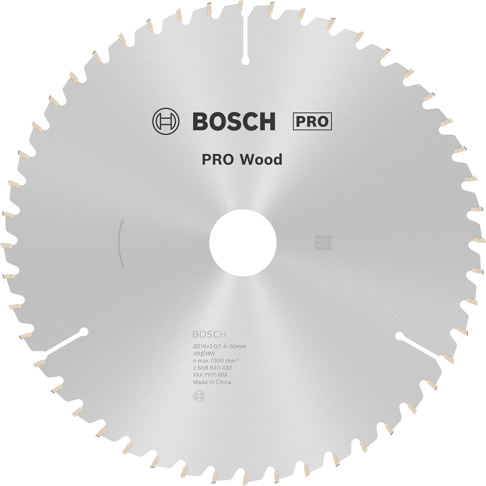 Bosch Pro logolu ve PRO Wood yazılı dairesel testere bıçağı. Kenarında dişler ve teknik detaylar bulunmaktadır.