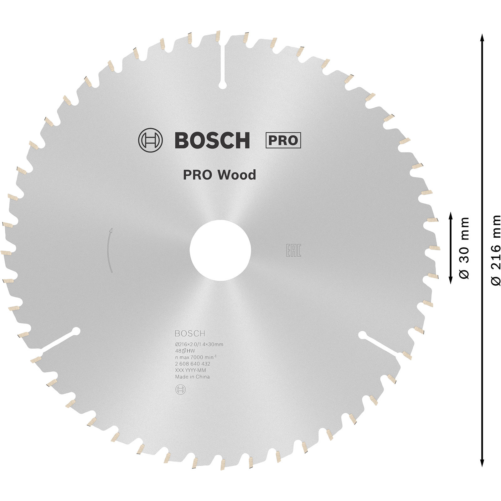 Bosch Pro logolu bir daire testere bıçağı. Keskin dişleri ve etiketlenmiş boyutları vardır. Bıçak ahşap içindir.