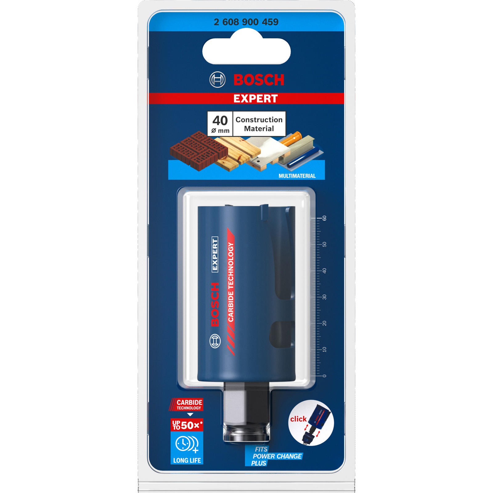 Bosch Expert Karbür delik testeresi ambalajı. Ürün detayları ile mavi ve beyaz ambalaj. Bir delik testeresi ve inşaat malzemeleri gösterir.