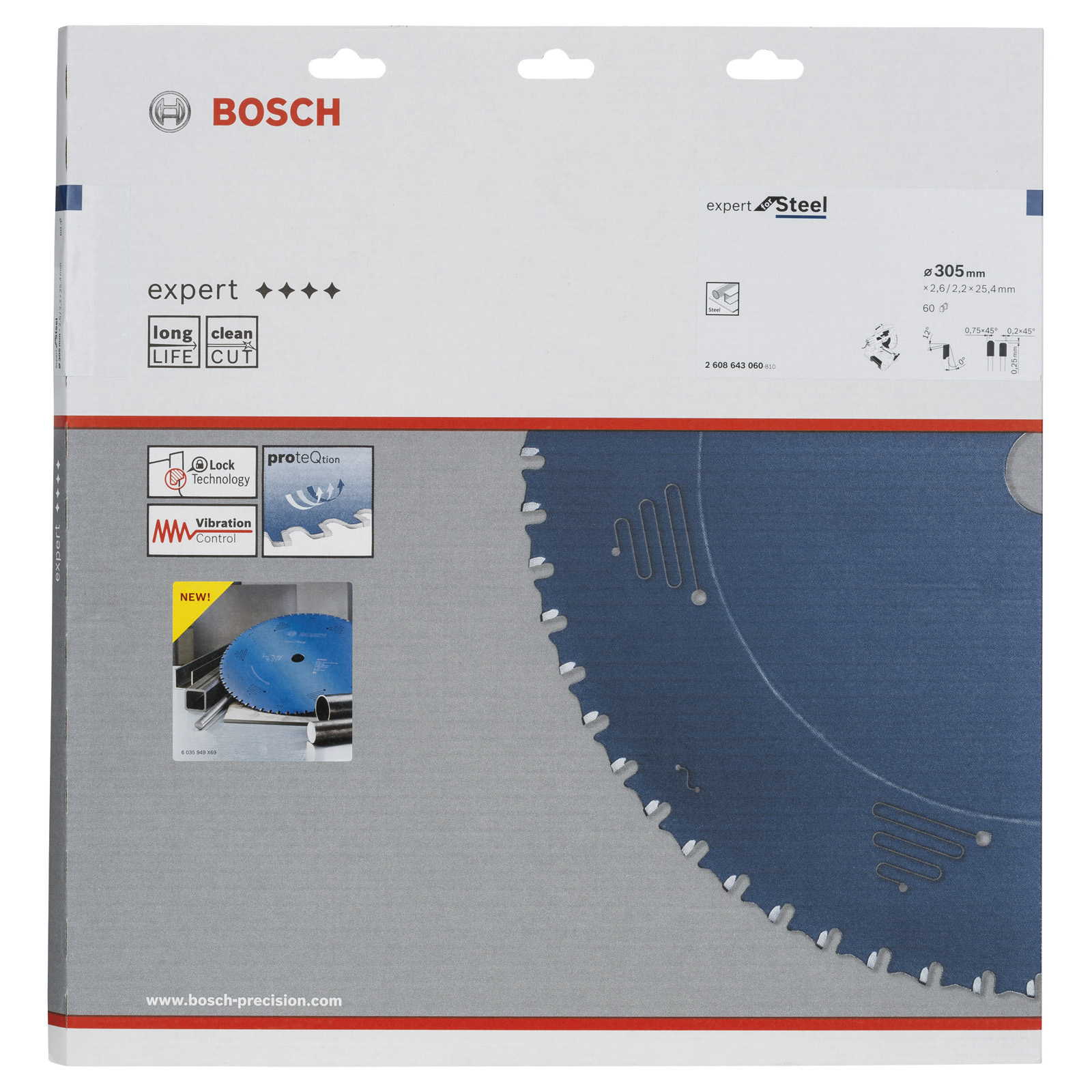 Bir Bosch testere bıçağı paketi. Mavi testere bıçağı görüntüsü, ürün detayları ve beyaz ve gri bir arka plan üzerinde marka yer alıyor.