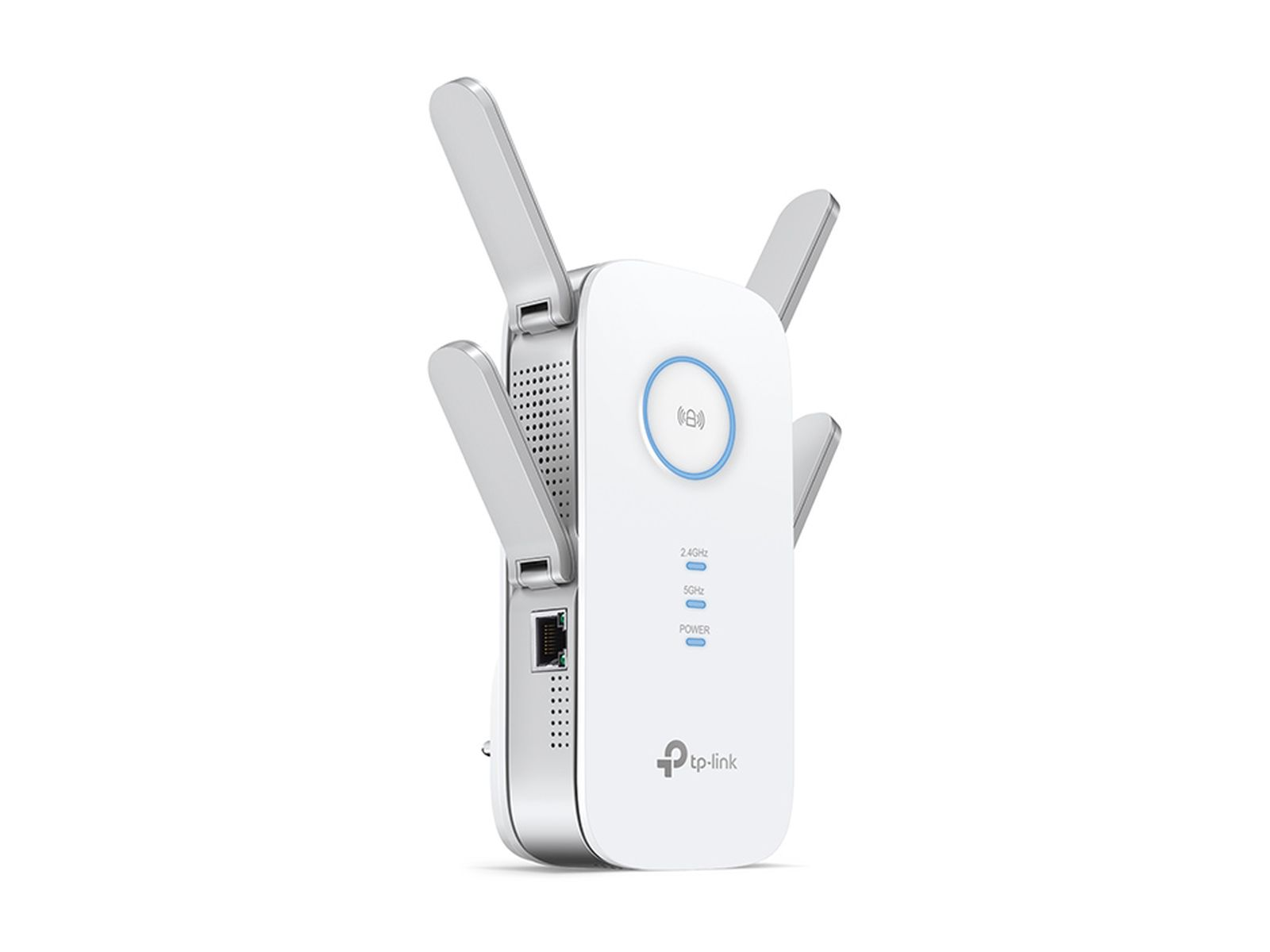 Biały wzmacniacz WiFi TP-Link z czterema antenami. Ma niebieskie światło i etykiety 2,4 GHz, 5 GHz i Power.