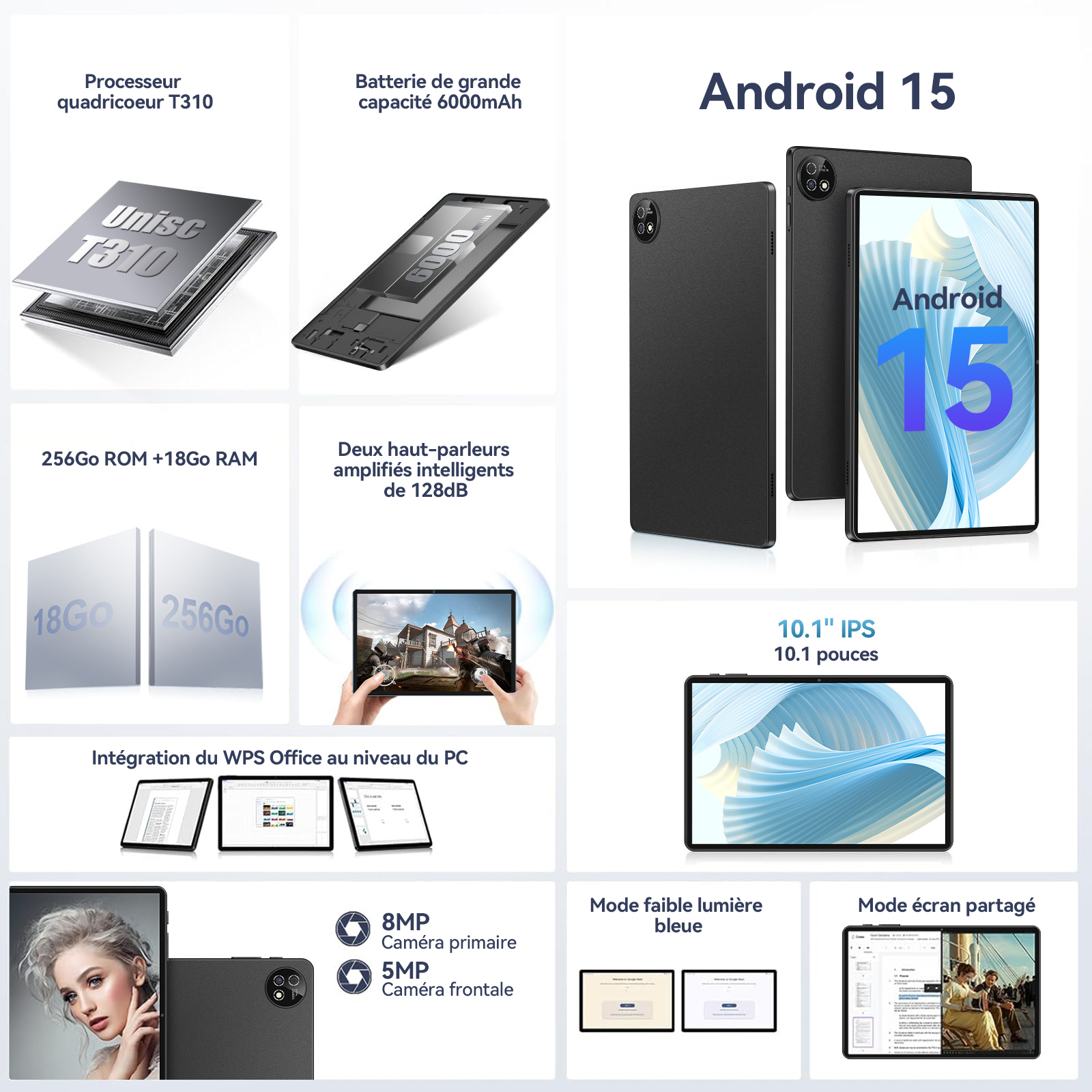 Werbung für ein Android 15 Tablet. Es zeigt Funktionen wie einen Quad-Core-Prozessor, einen 6000-mAh-Akku und einen 10,1" IPS-Bildschirm.