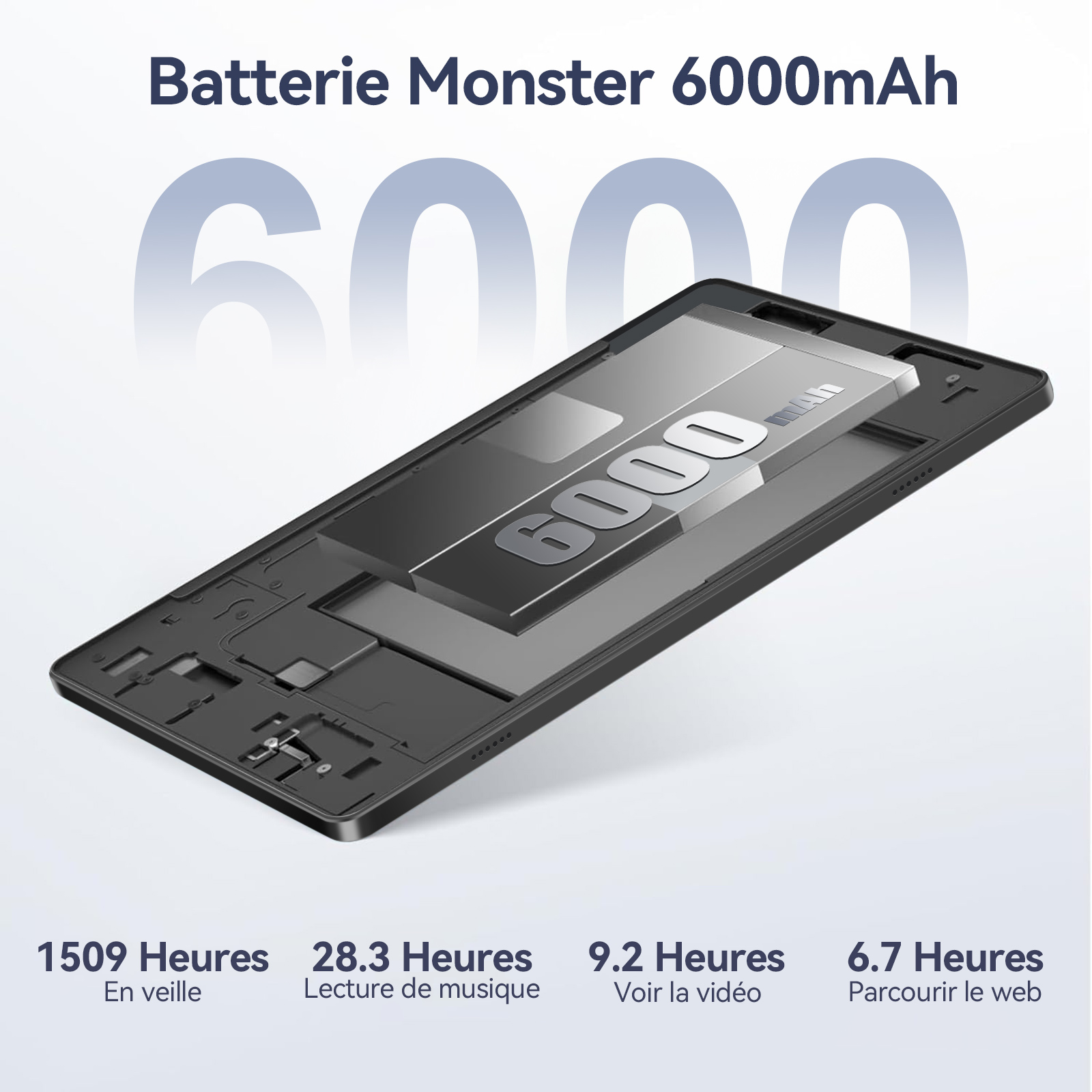 Bild zeigt ein schwarzes Tablet mit Batterie-Grafik. Text zeigt 6000mAh Kapazität und Nutzungszeiten.