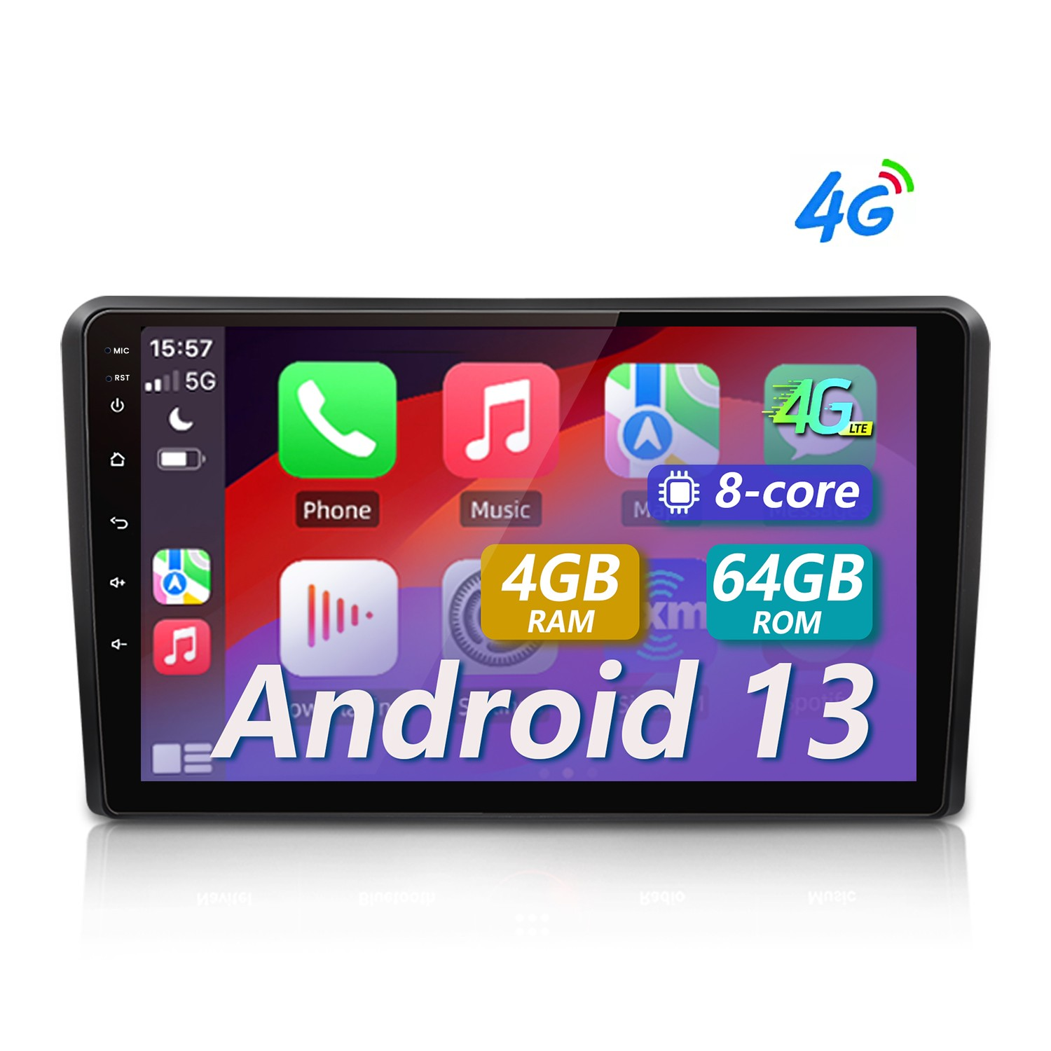 Pantalla de estéreo de coche Android 13 que muestra iconos de aplicaciones, incluyendo teléfono, música y navegación. Características 4G, 8 núcleos, 4GB RAM y 64GB ROM.