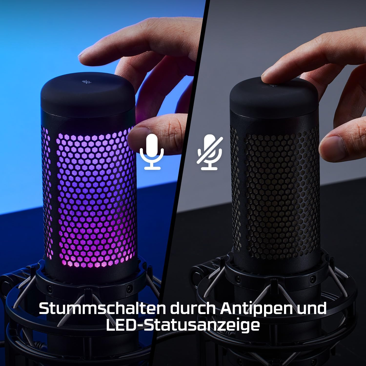 Mikrofon z ręką naciskającą górny przycisk. Lewa strona świeci na fioletowo, prawa jest ciemna. Tekst na dole.