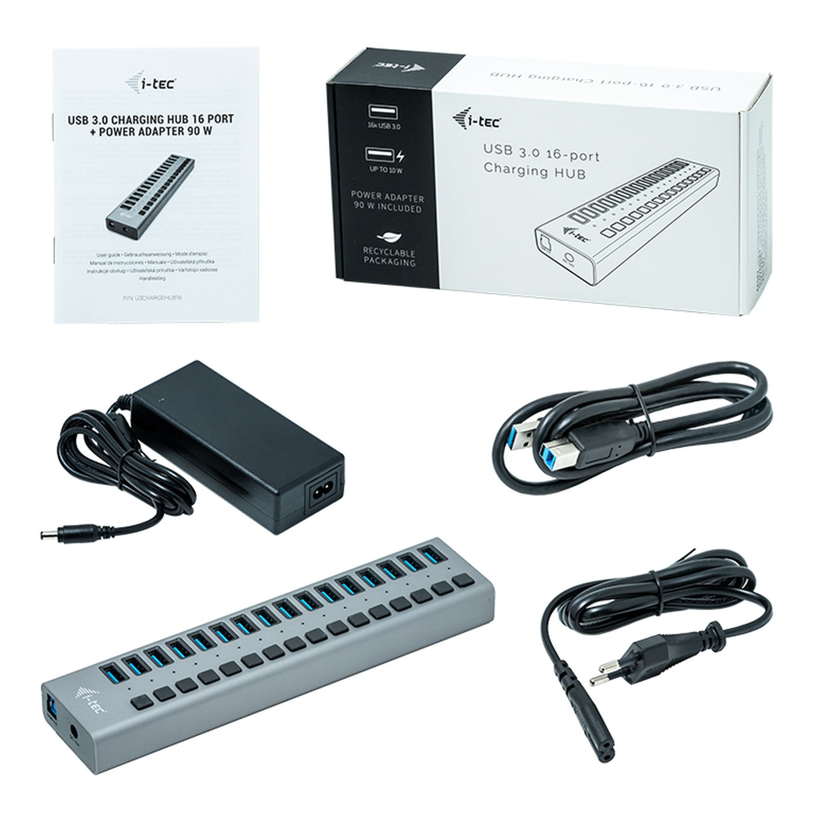 Un set hub di ricarica USB 3.0 a 16 porte. Include hub, adattatore di alimentazione, cavi e confezione su superficie bianca.