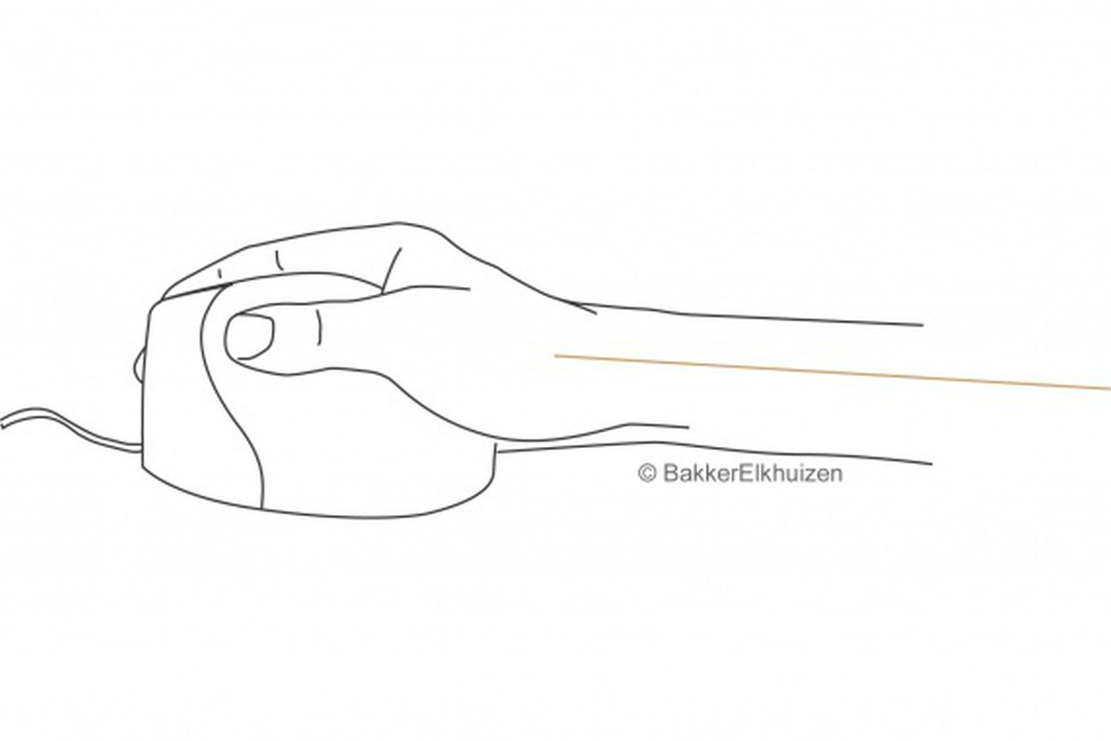 Lijntekening van een hand die een computermuis vasthoudt. Een dunne lijn loopt van de hand.