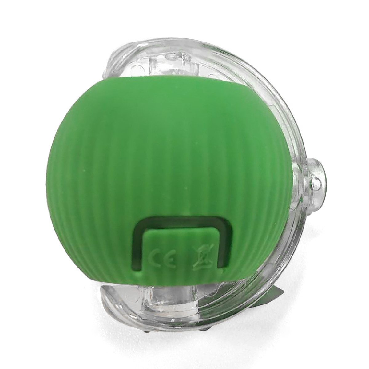 Una esfera verde y acanalada encerrada en plástico transparente. Tiene una marca CE y un símbolo de reciclaje. El fondo es blanco.