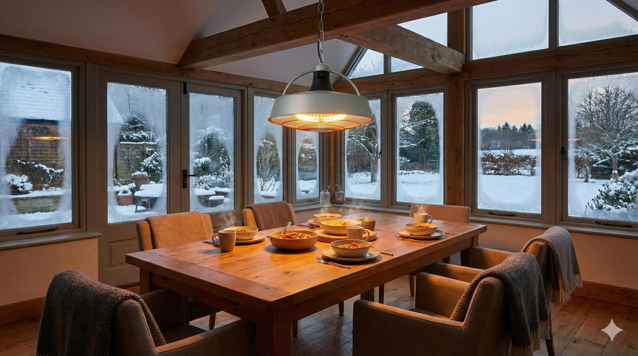 Esszimmer mit Holztisch, gedeckt. Fenster zeigen verschneite Landschaft. Hängelampe darüber.