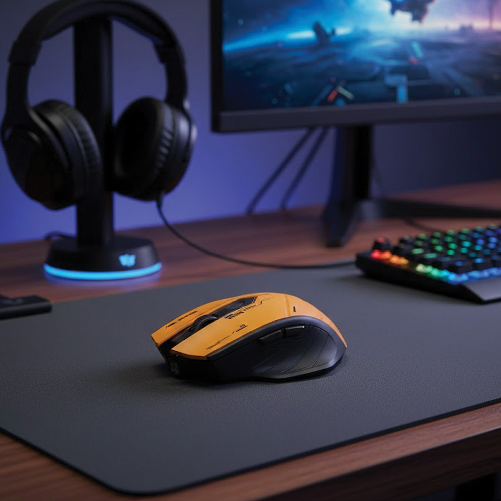 Koyu gri bir mouse pad üzerinde turuncu ve siyah bir bilgisayar faresi. Arka planda kulaklıklar ve bir monitör görülüyor.