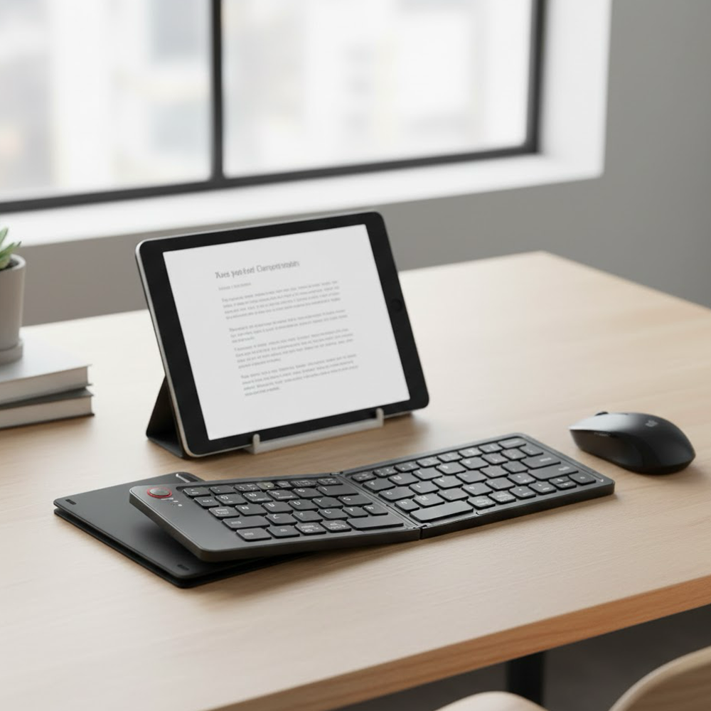 Bir tablet metin gösteriyor, siyah katlanabilir bir klavye ve bir fare pencerenin yanındaki ahşap bir masada duruyor.