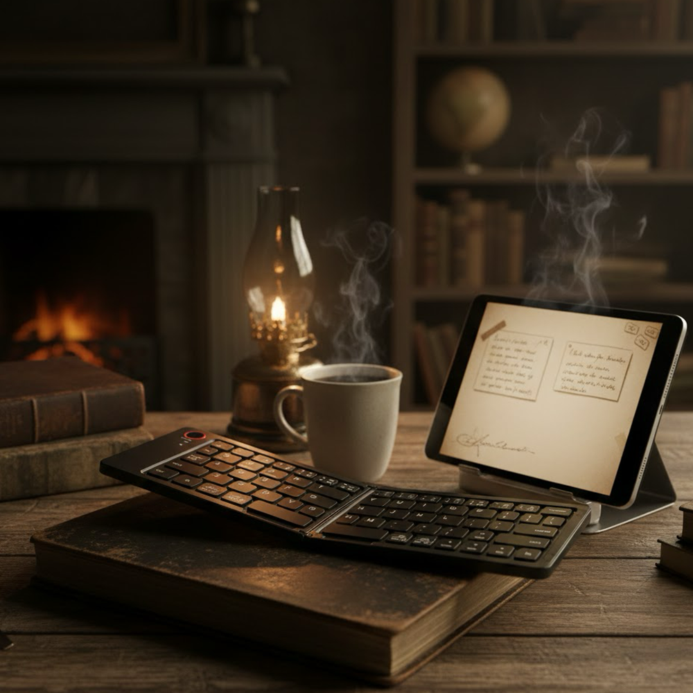 Tablet, klavye, kahve ve lamba bulunan bir masa. Arkada şömine ve kitaplık, rahat bir atmosfer yaratıyor.