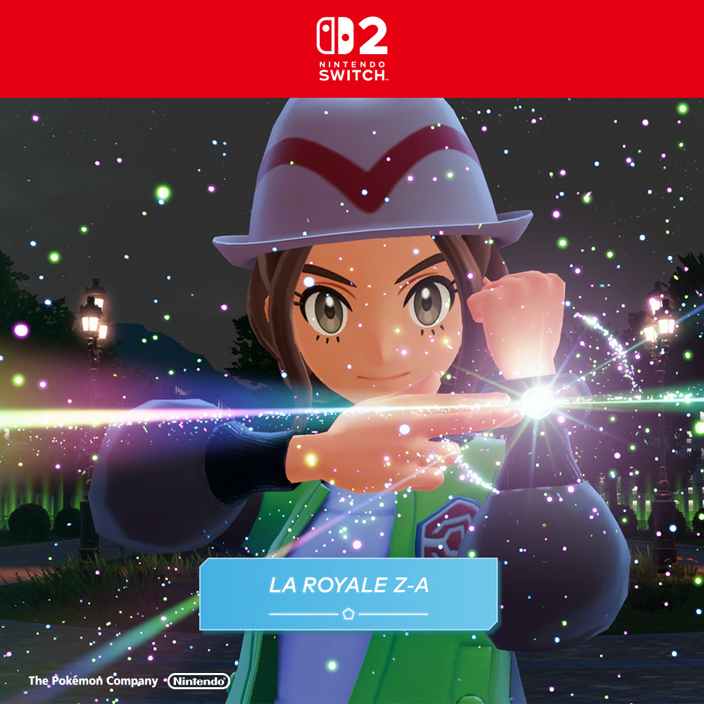 Eine Figur mit Hut zeigt auf ein helles Licht. Das Bild hat ein Nintendo Switch-Logo und den Text La Royale Z-A.