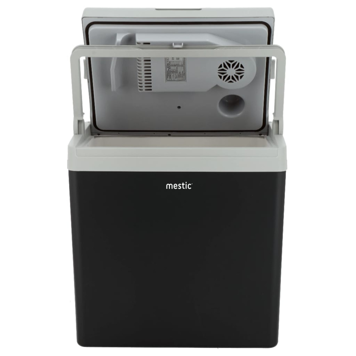 A black and white portable cooler with an open lid. The lid reveals inner components, with the brand name 'mestic' visible on the front.