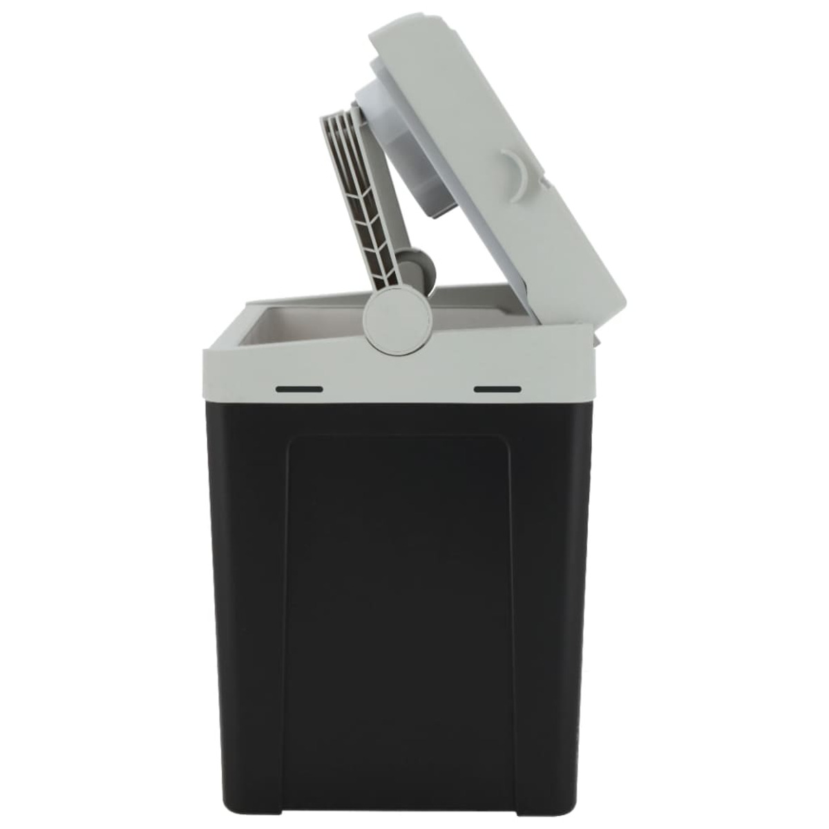 A black and white cooler with an open lid. The lid is gray, and the cooler is black. The lid has a handle.