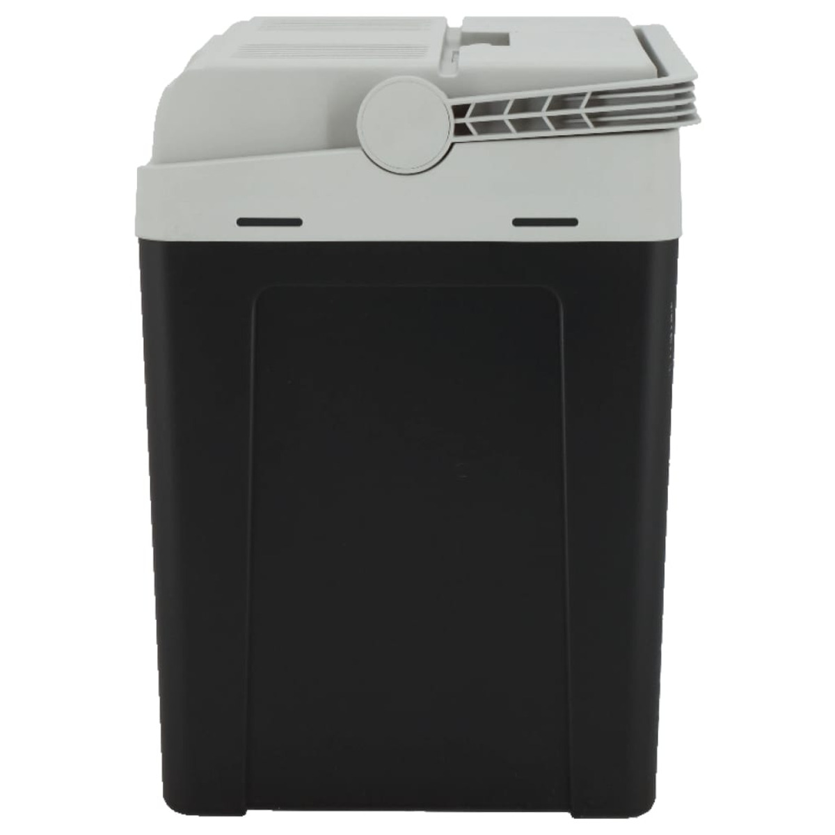 A black and white cooler box. The top is white with a handle and vents, the body is black.