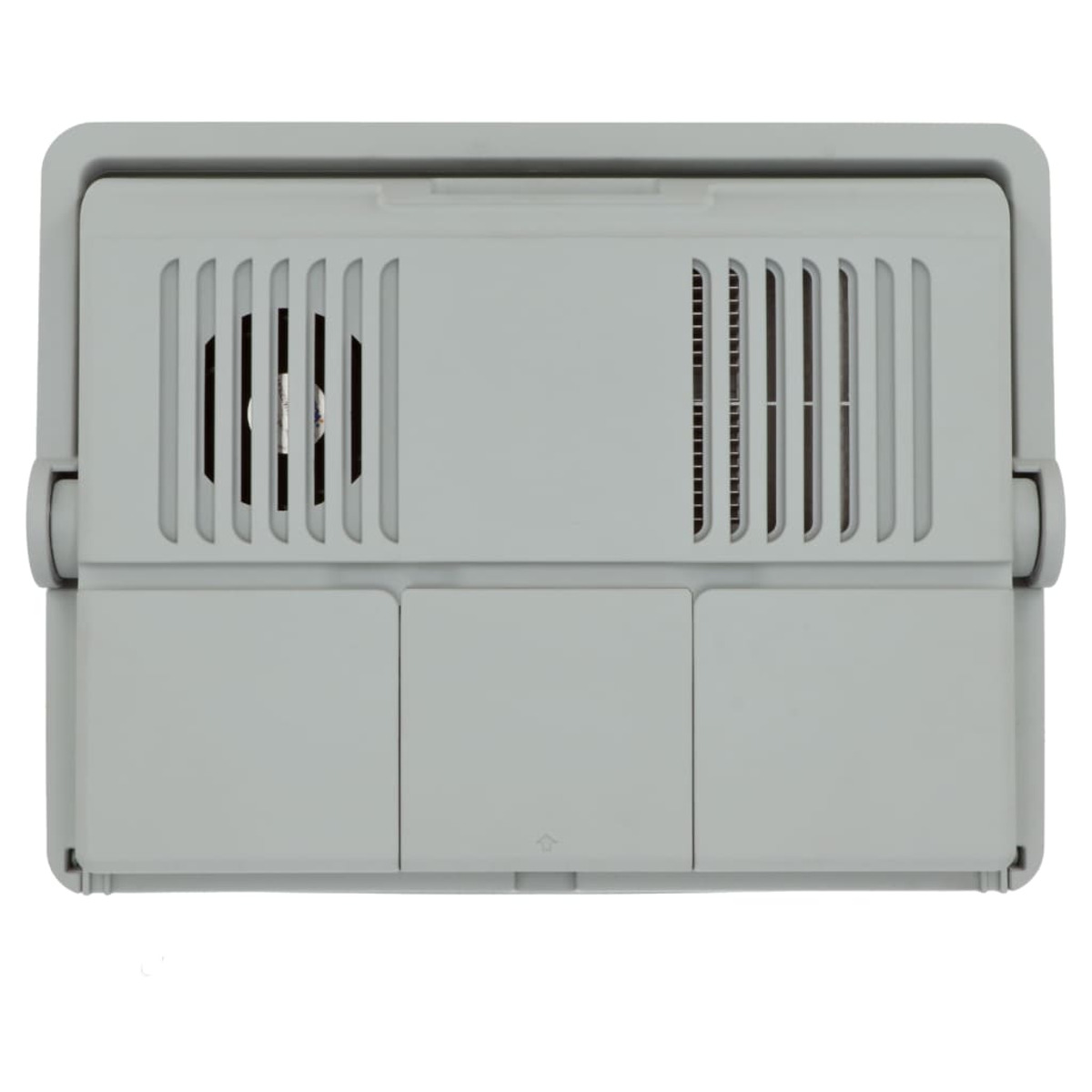 A grey rectangular device with vents and two small compartments, likely a part of a larger machine or appliance.