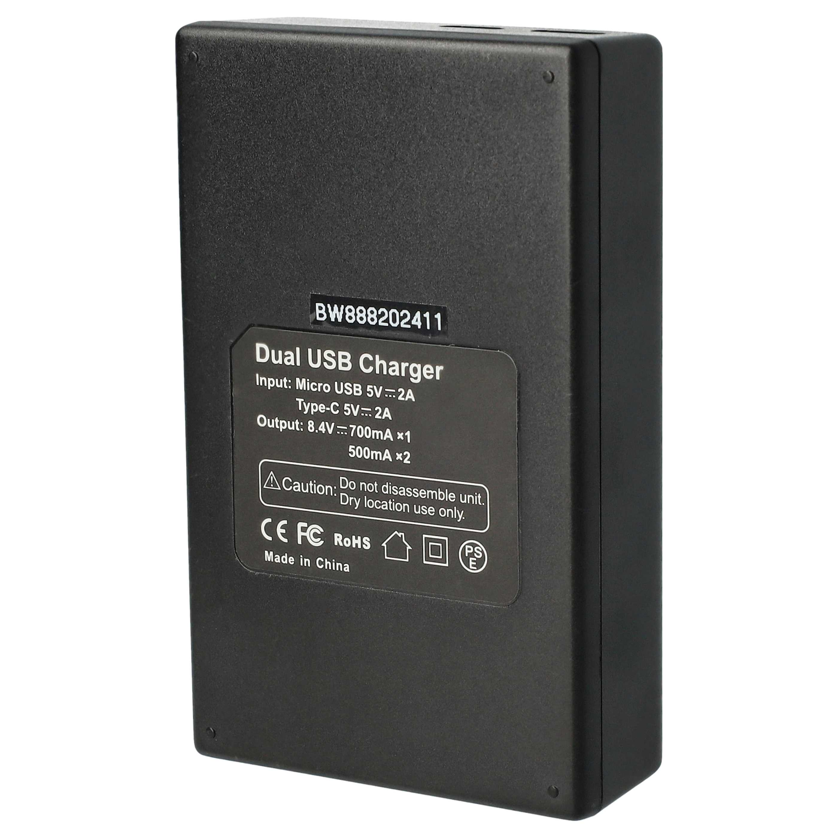 Ein schwarzes Dual-USB-Ladegerät mit Text. Details umfassen Eingabe, Ausgabe und Sicherheitshinweise. Hergestellt in China.