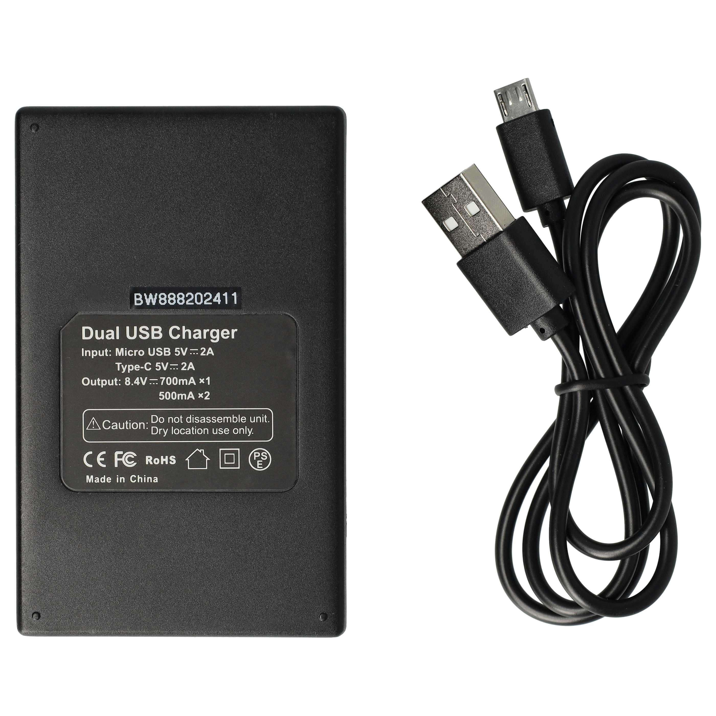 Ein schwarzes Ladegerät mit USB-Kabeln. Es hat Text: Dual USB Charger und BW888202411. Die Kabel sind schwarz.