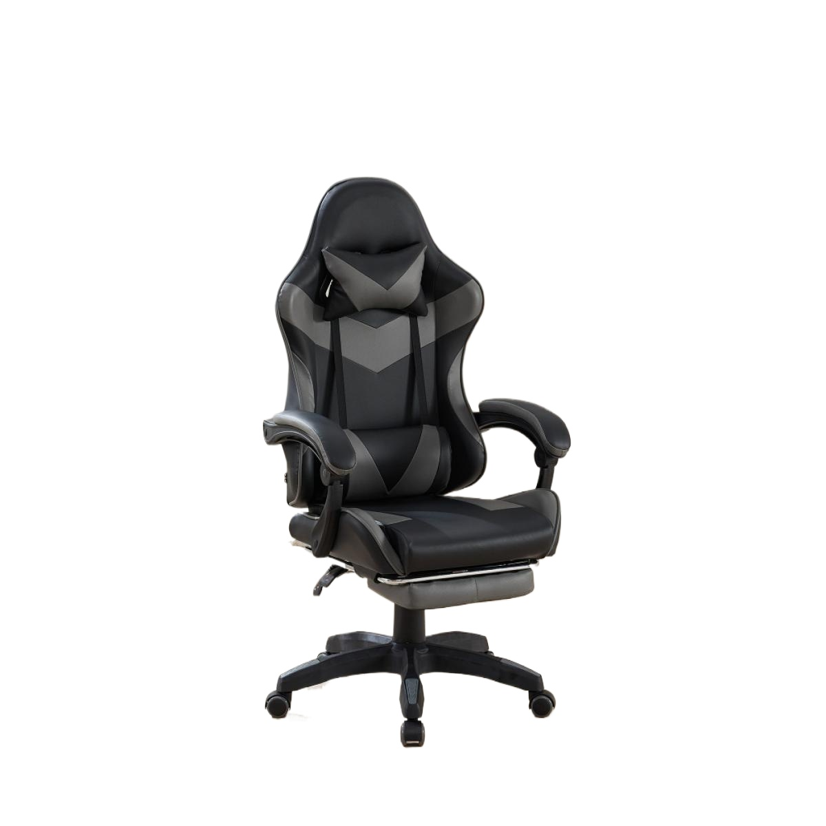 Ein schwarz-grauer Gaming-Stuhl mit Kopf- und Armlehnen. Er hat ein Fünf-Sterne-Gestell mit Rollen und eine Fußstütze.