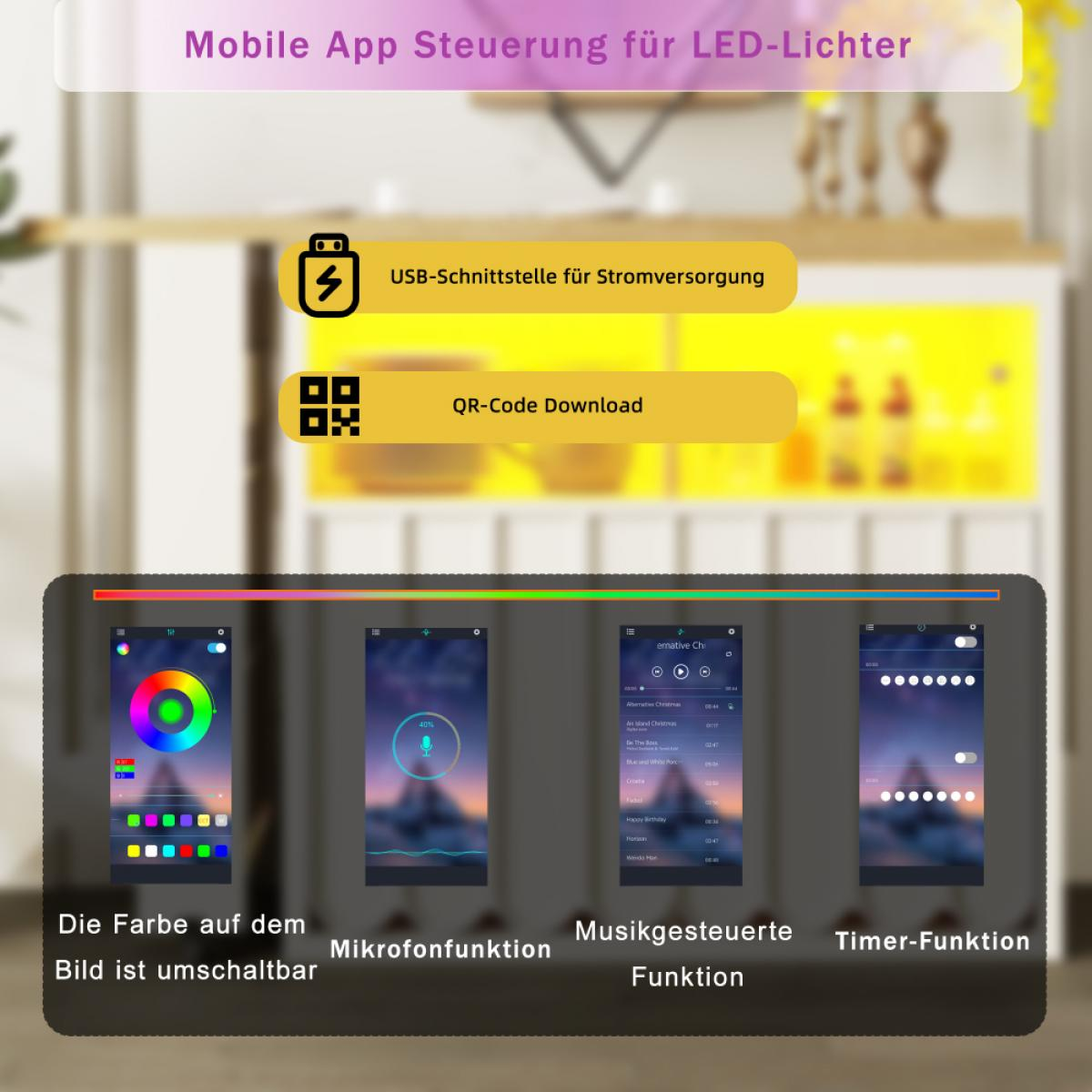 App-Oberfläche für LED-Leuchten mit Farbauswahl, Mikrofon, Musiksteuerung und Timer-Funktionen. Enthält USB- und QR-Code-Optionen.