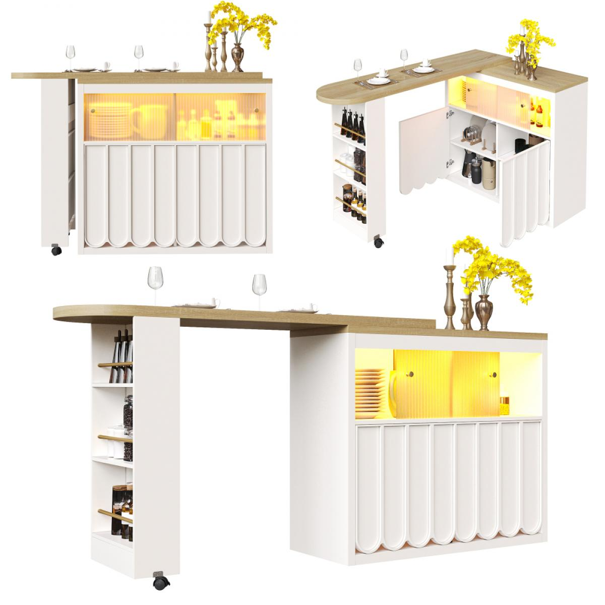 Eine weiße und hölzerne Bar mit gelben Blumen und Gläsern. Sie hat Regale und einen Schrank mit Gegenständen und Lichtern.