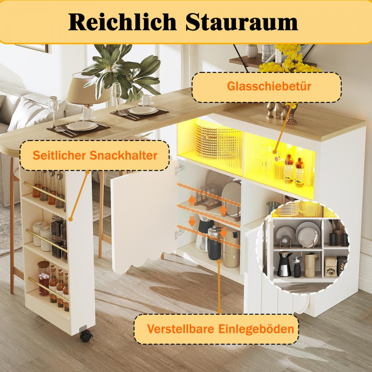 Eine weiße und hölzerne Kücheninsel mit Stauraum und einem Snackhalter. Sie hat verstellbare Regale und eine Glasschiebetür.