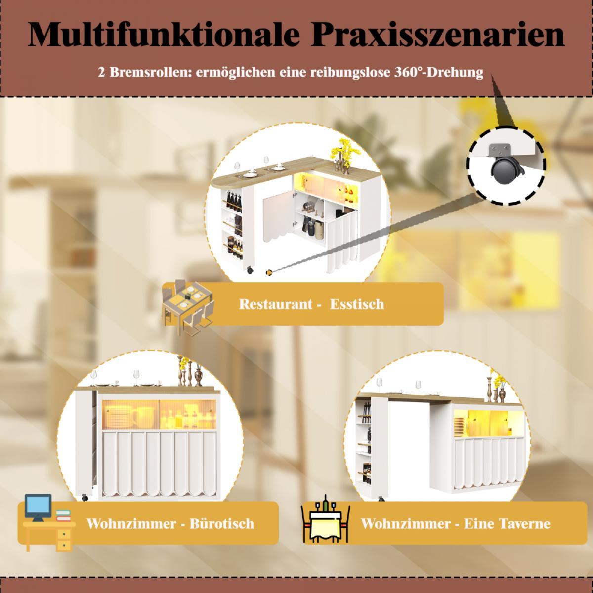 Das Bild zeigt drei Innenraumkonzepte: einen Restauranttisch, einen Wohnzimmertisch und eine Wohnzimmer-Taverne. Alle mit weißen Möbeln.