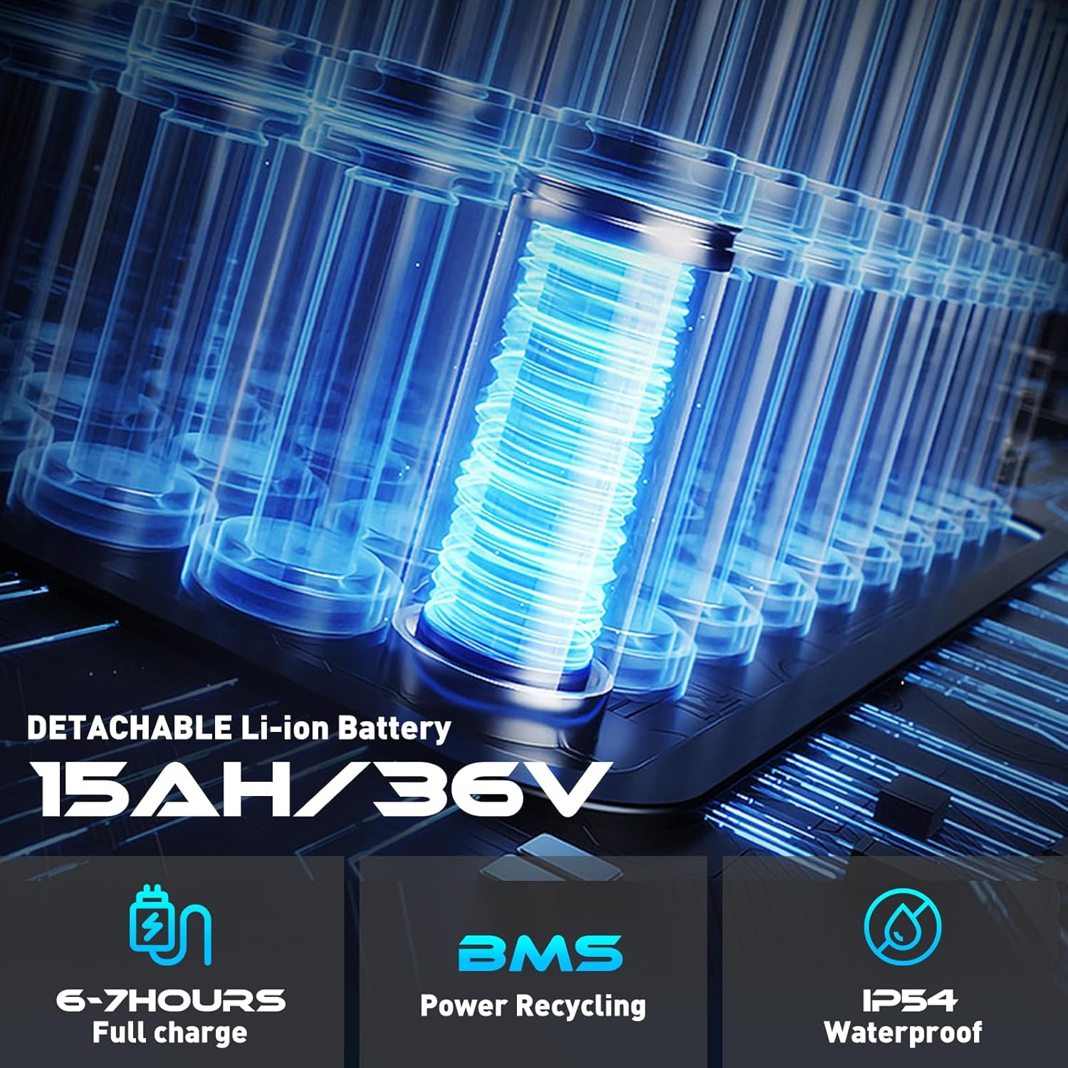 Nahaufnahme eines Akkus mit blau leuchtenden Zellen. Text: Detachable Li-ion Battery, 15AH/36V, 6-7 Stunden Aufladen, BMS und IP54.