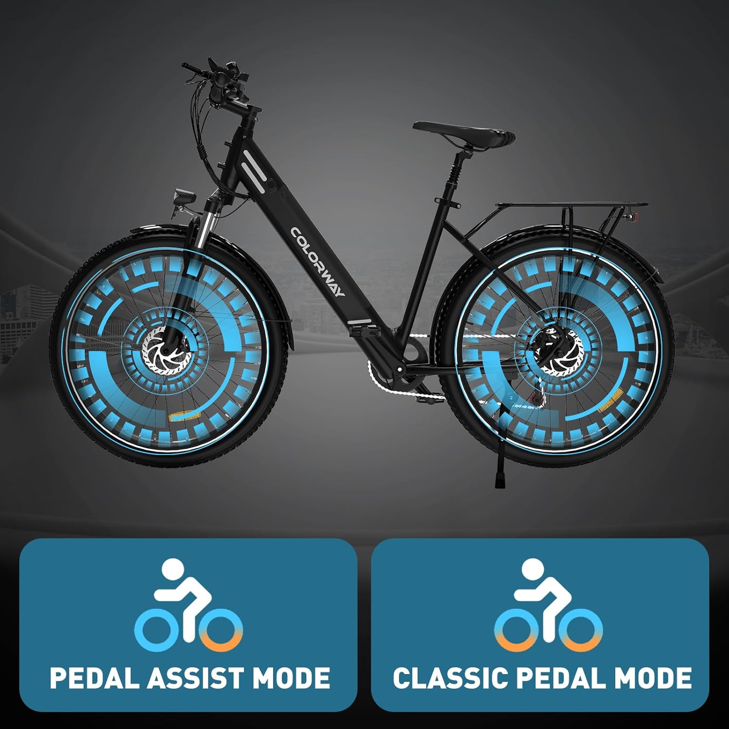 Ein schwarzes Colorway-Elektrofahrrad mit blauen Akzenten auf den Rädern. Es werden zwei Modi angezeigt: Pedalunterstützung und klassisches Pedal.