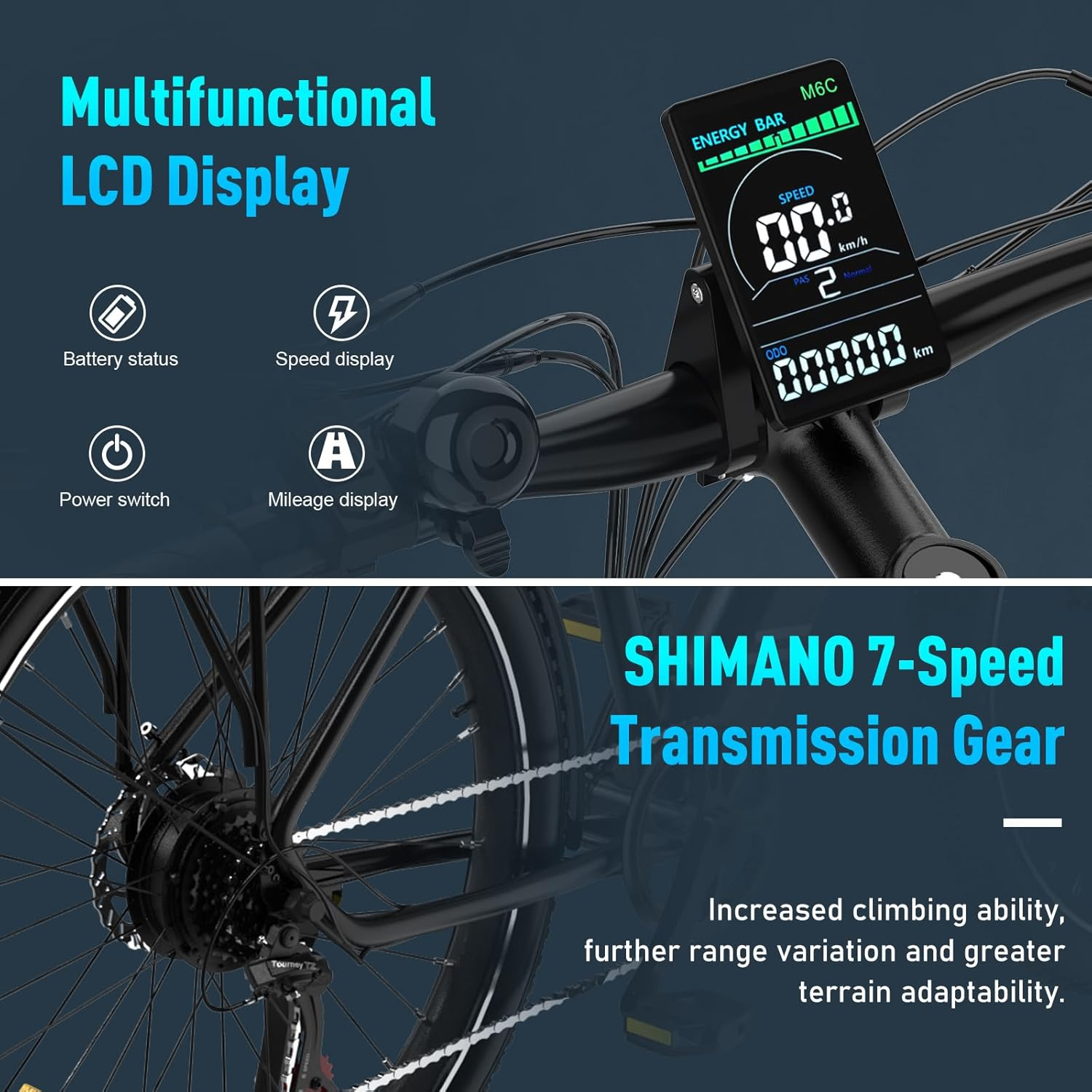 Ein E-Bike-Display zeigt Geschwindigkeit, Akku und Kilometerstand. Die Shimano 7-Gang-Schaltung ist abgebildet. Fahrradteile wie das Rad sind ebenfalls sichtbar.