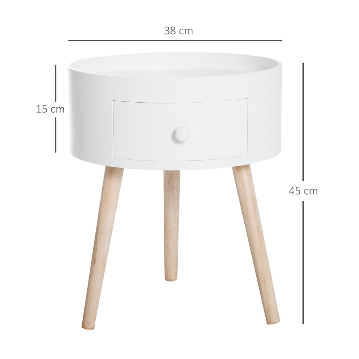 Ein weißer Nachttisch mit Schublade und drei Holzbeinen. Abmessungen: 38 cm breit, 15 cm hoch, und 45 cm Gesamthöhe.