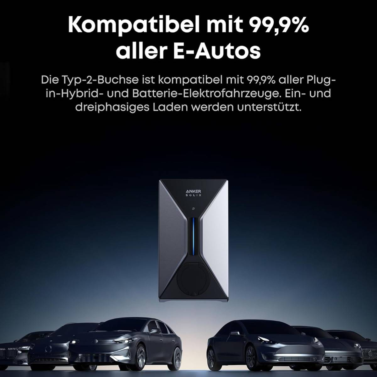 Das Bild zeigt ein Elektroauto-Ladegerät mit deutschem Text. Autos im Vordergrund, Ladegerät in der Mitte und Text oben.