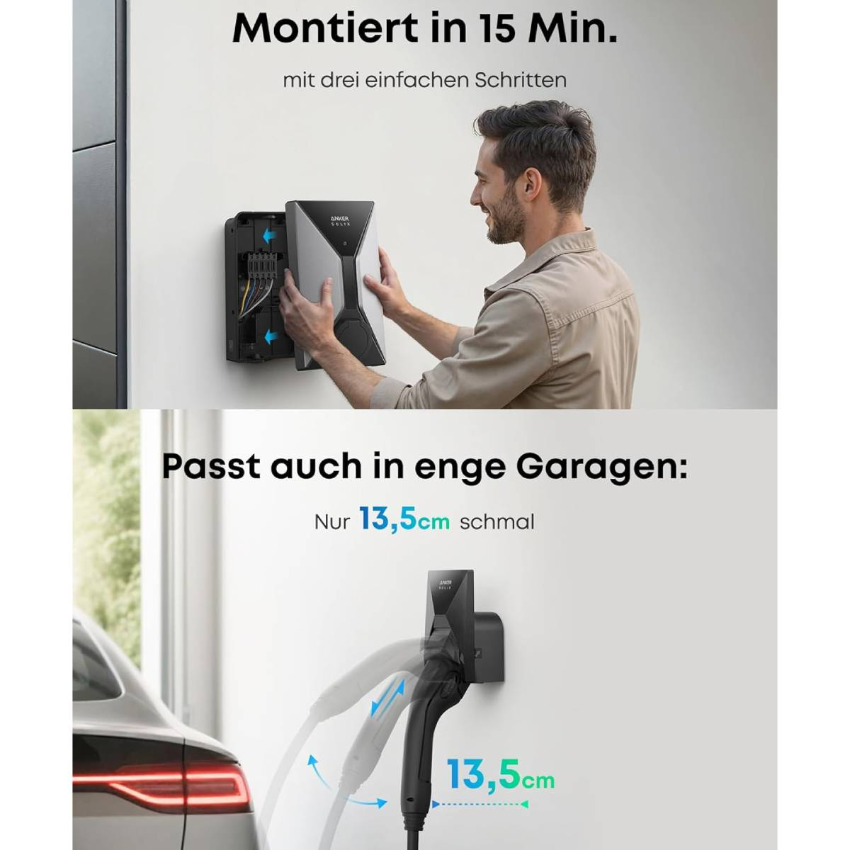 Ein Mann installiert eine Ladestation an einer Wand. Darunter lädt ein Auto mit einem schlanken Ladeanschluss, die Maße hervorgehoben.
